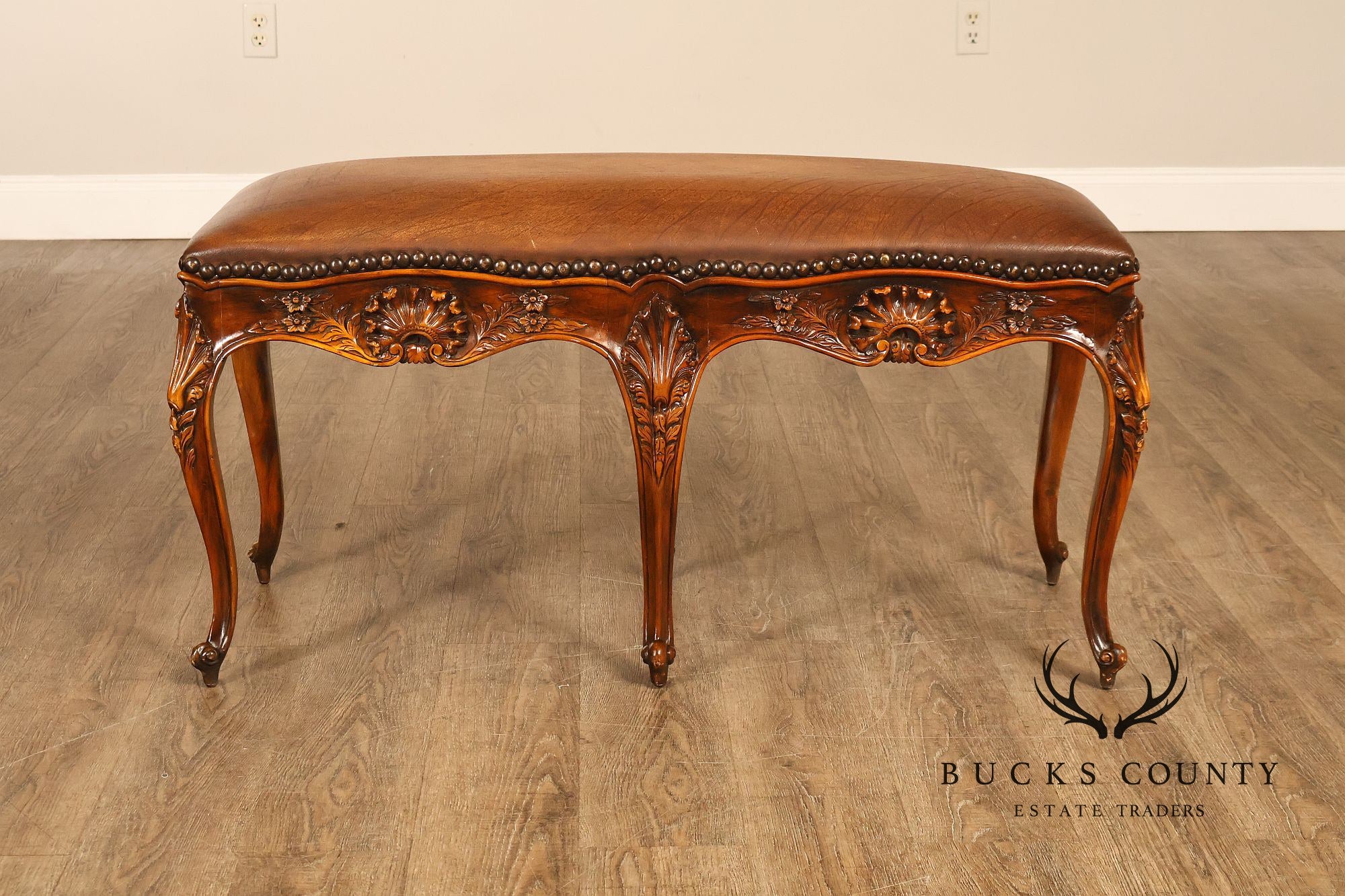 Rococo Style Leather Upholstered Carved Mahogany Window Bench