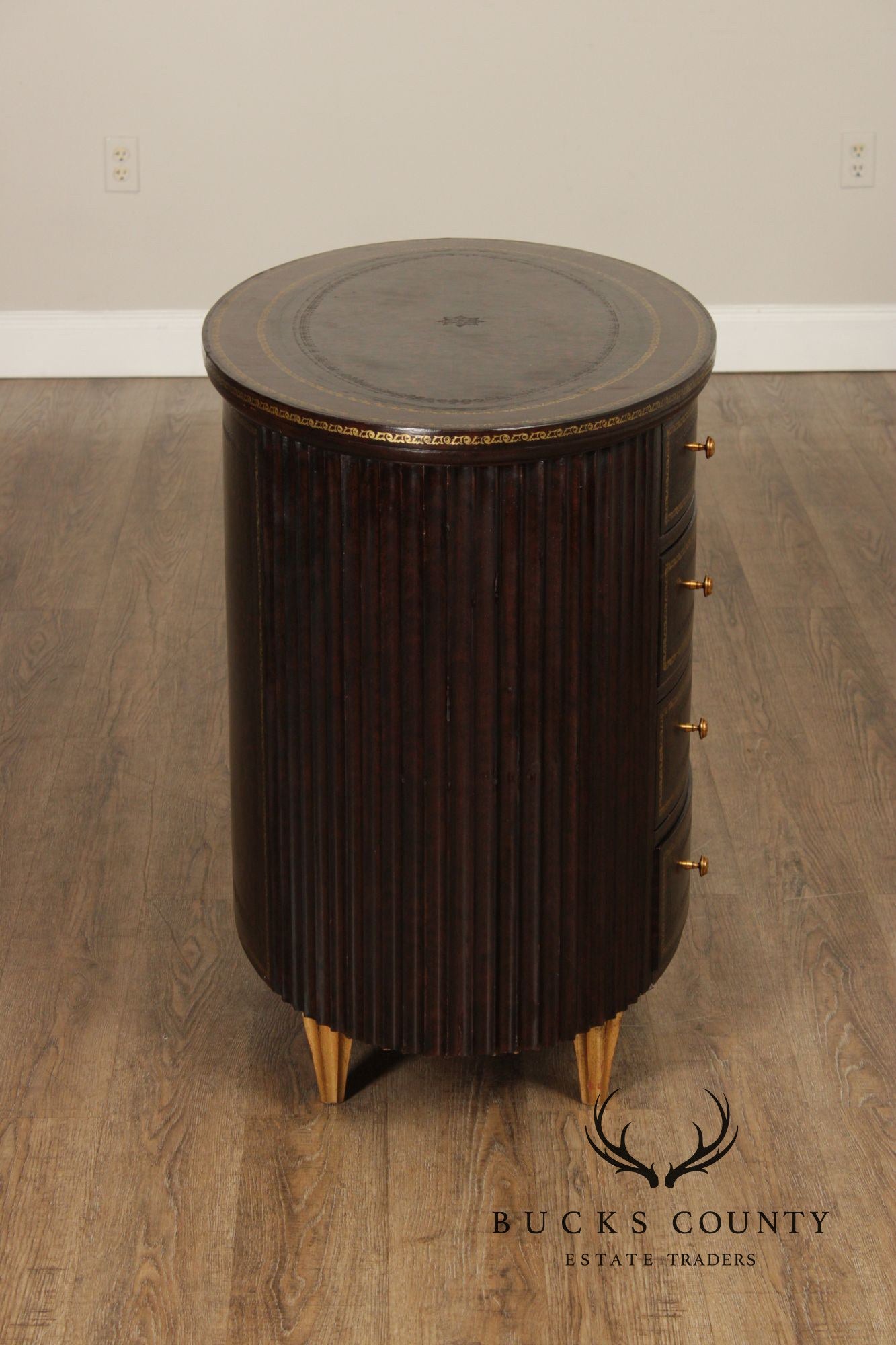 Maitland Smith Leather Wrapped Oval Chest Of Drawers