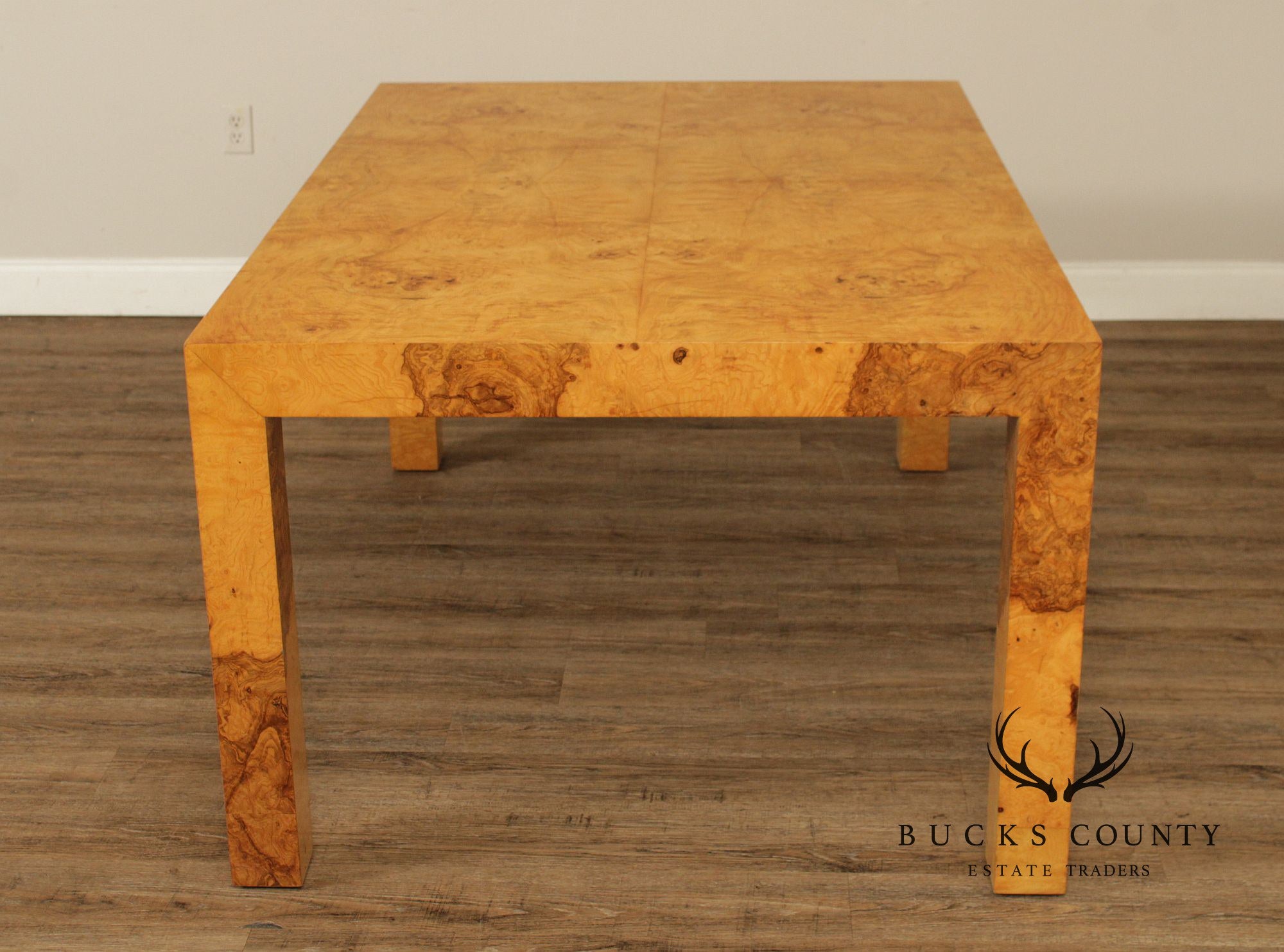 Mid-Century Modern Burlwood Parsons Extension Dining Table with 2 Leaves