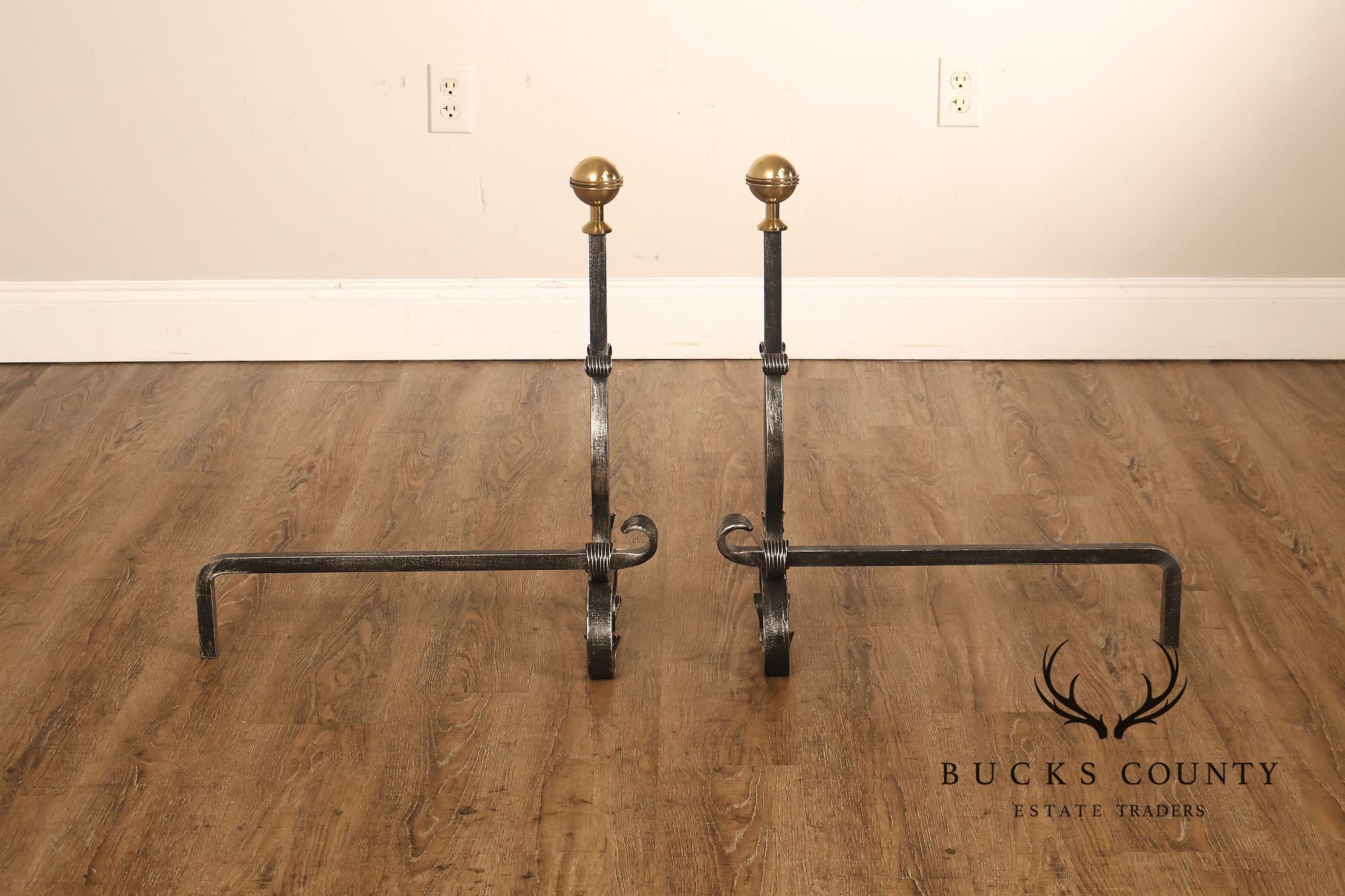 Pair of Italian Wrought Iron And Brass Fireplace Andirons