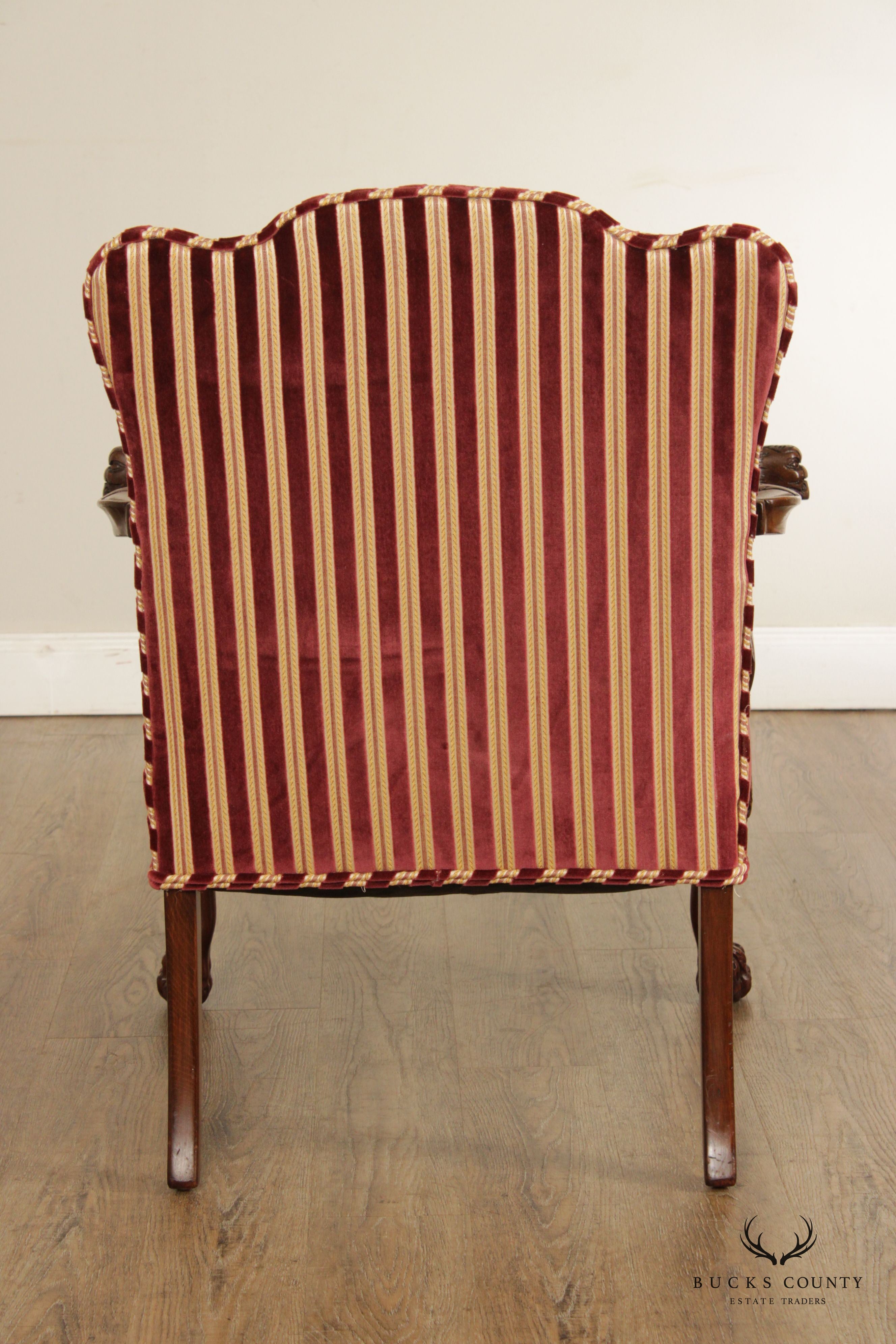 Georgian Style Carved Mahogany Paw Foot Fireplace Armchair