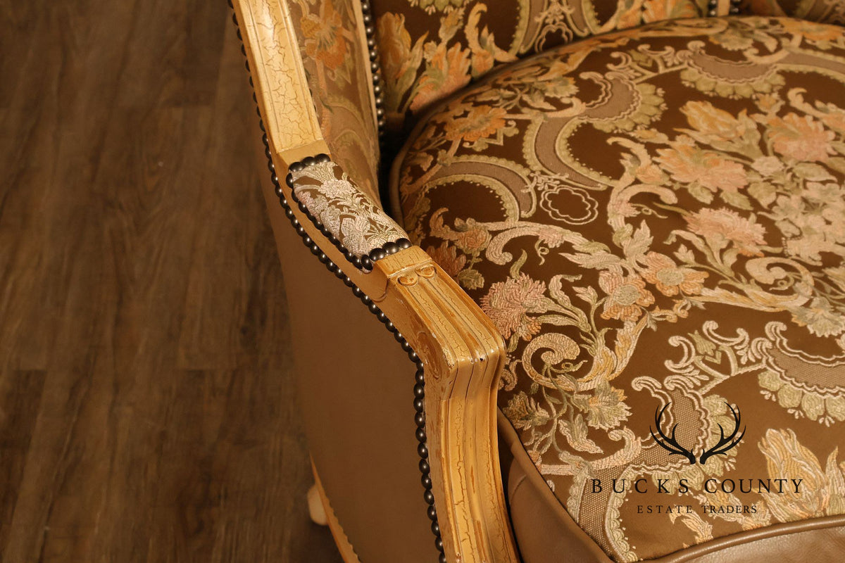 Old Hickory Tannery French Louis XV Style Pair Of Cane And Leather Hooded Porter Chairs