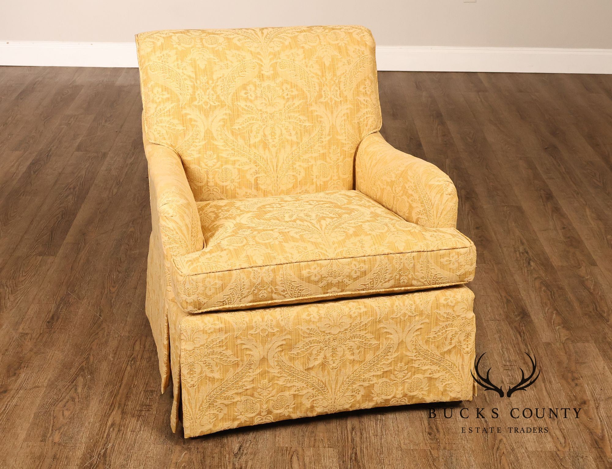 Custom Pair Of Skirted Damask Upholstered Lounge Chairs