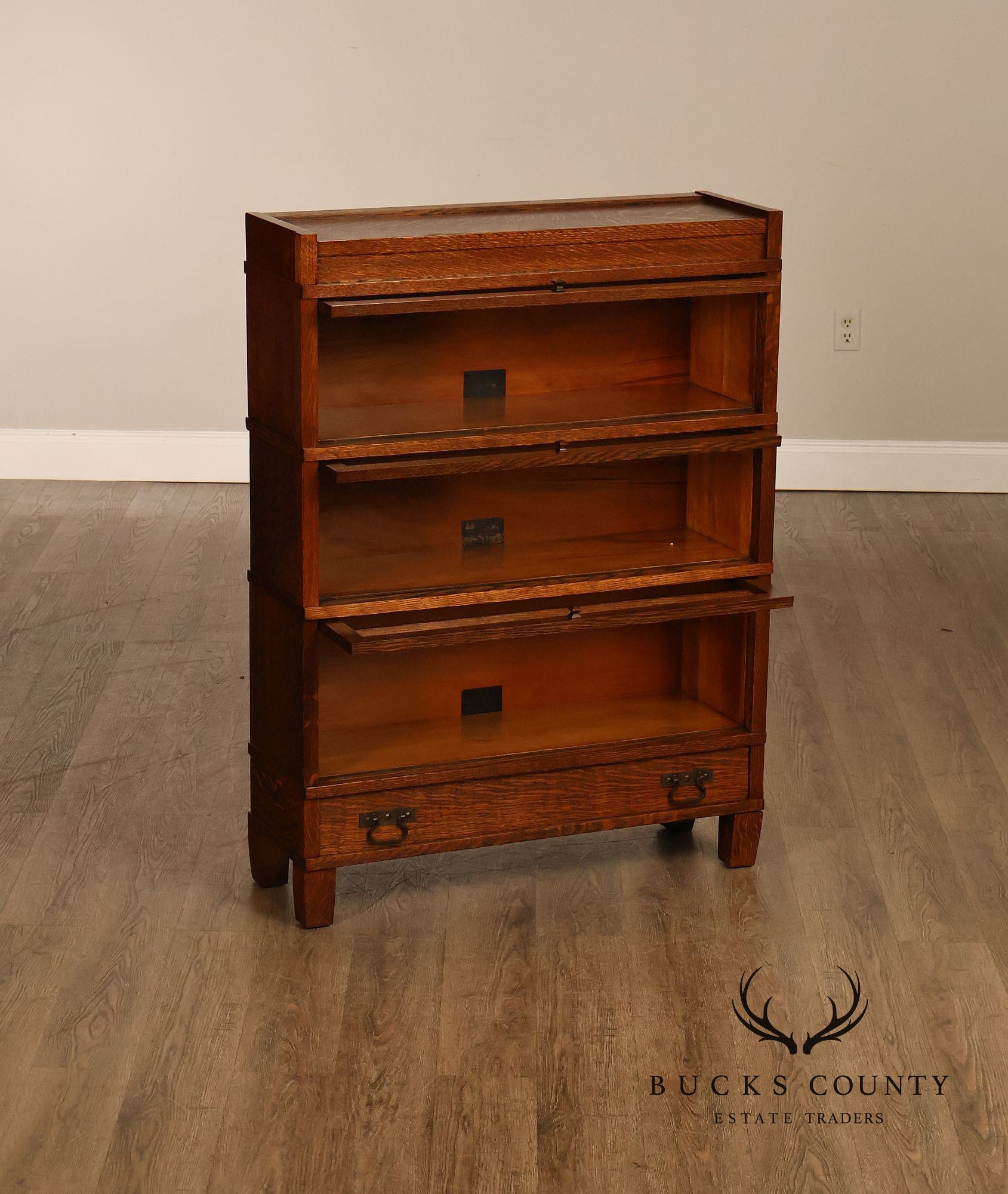 Antique Globe Wernicke Mission Oak Three Stack Barrister Bookcase With Base Drawer