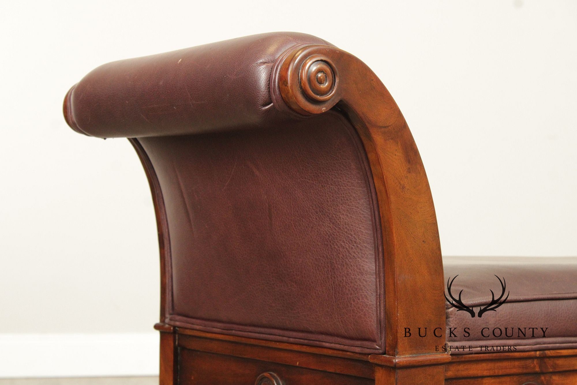 Theodore Alexander Carved Mahogany and Leather Window Bench