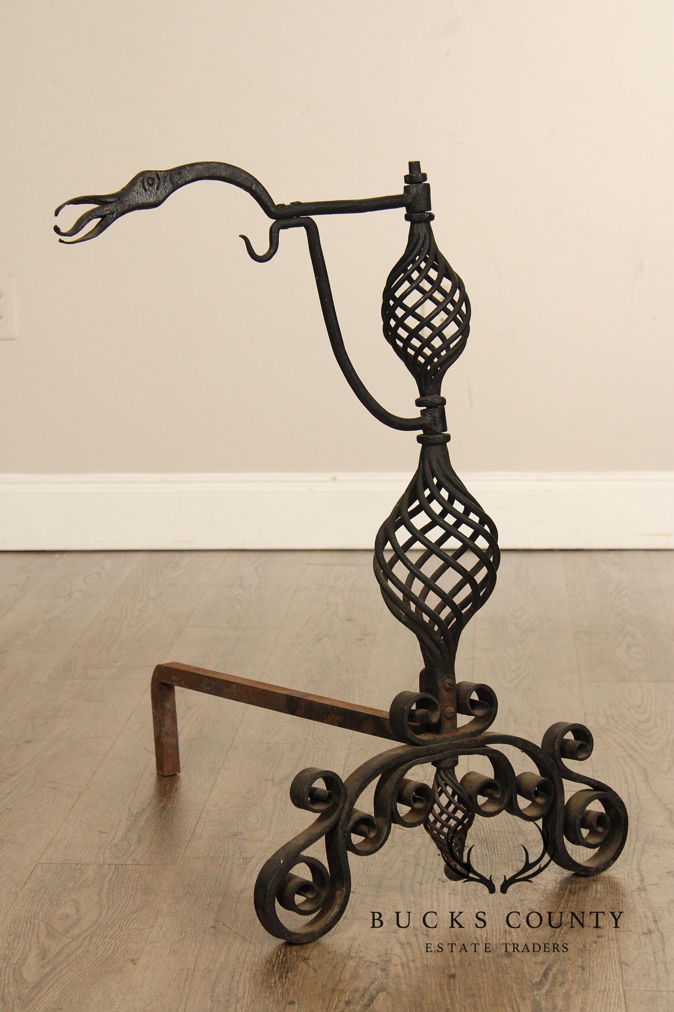 Arts & Crafts Pair of Scrolling Wrought Iron Andirons