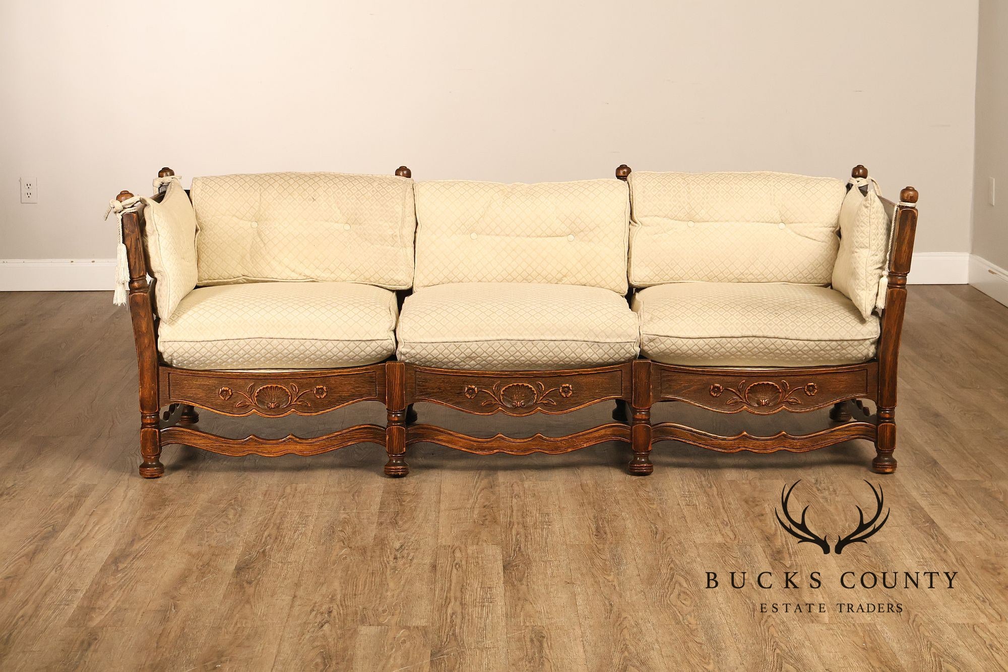 French Country Style Carved Oak Frame Three Seat Sofa