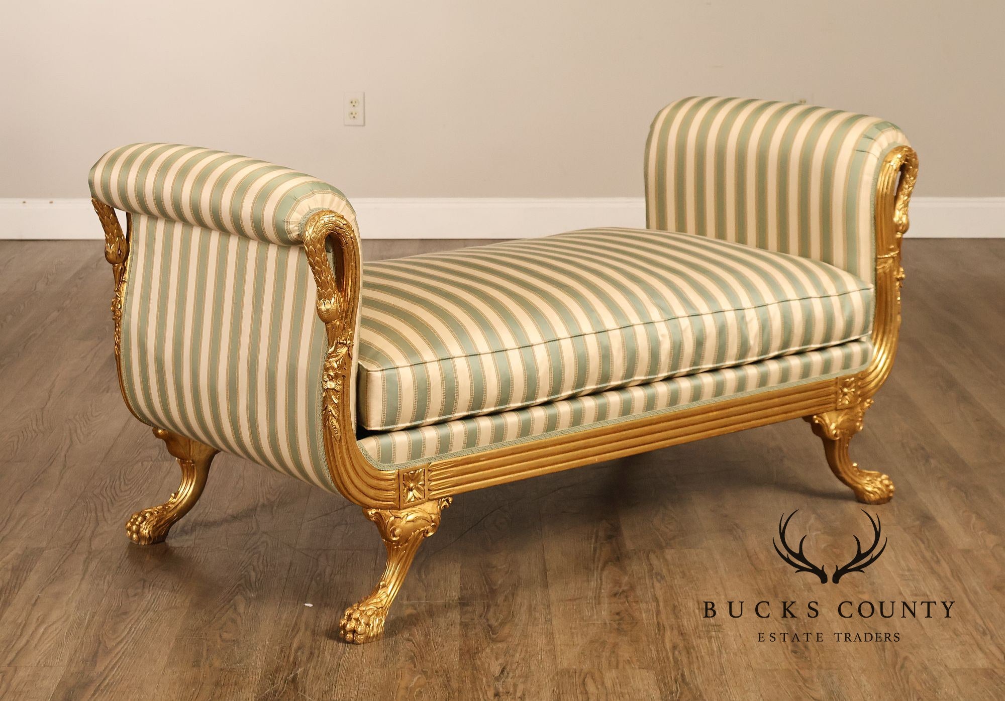 Quality Empire Style Swan Carved Giltwood Upholstered Bench
