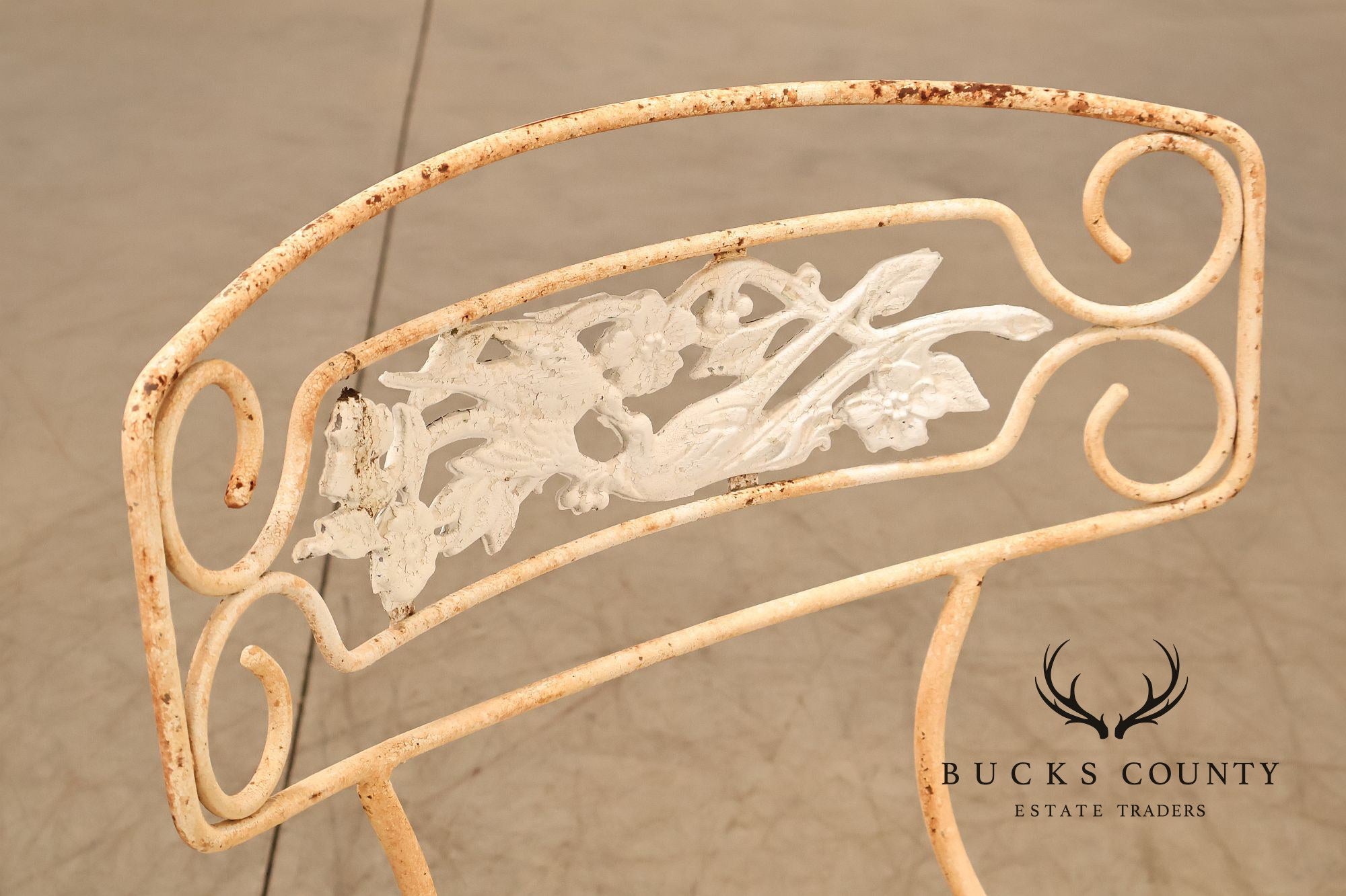 Painted Wrought Iron Set Of Three Garden Chairs With Decorative Backs