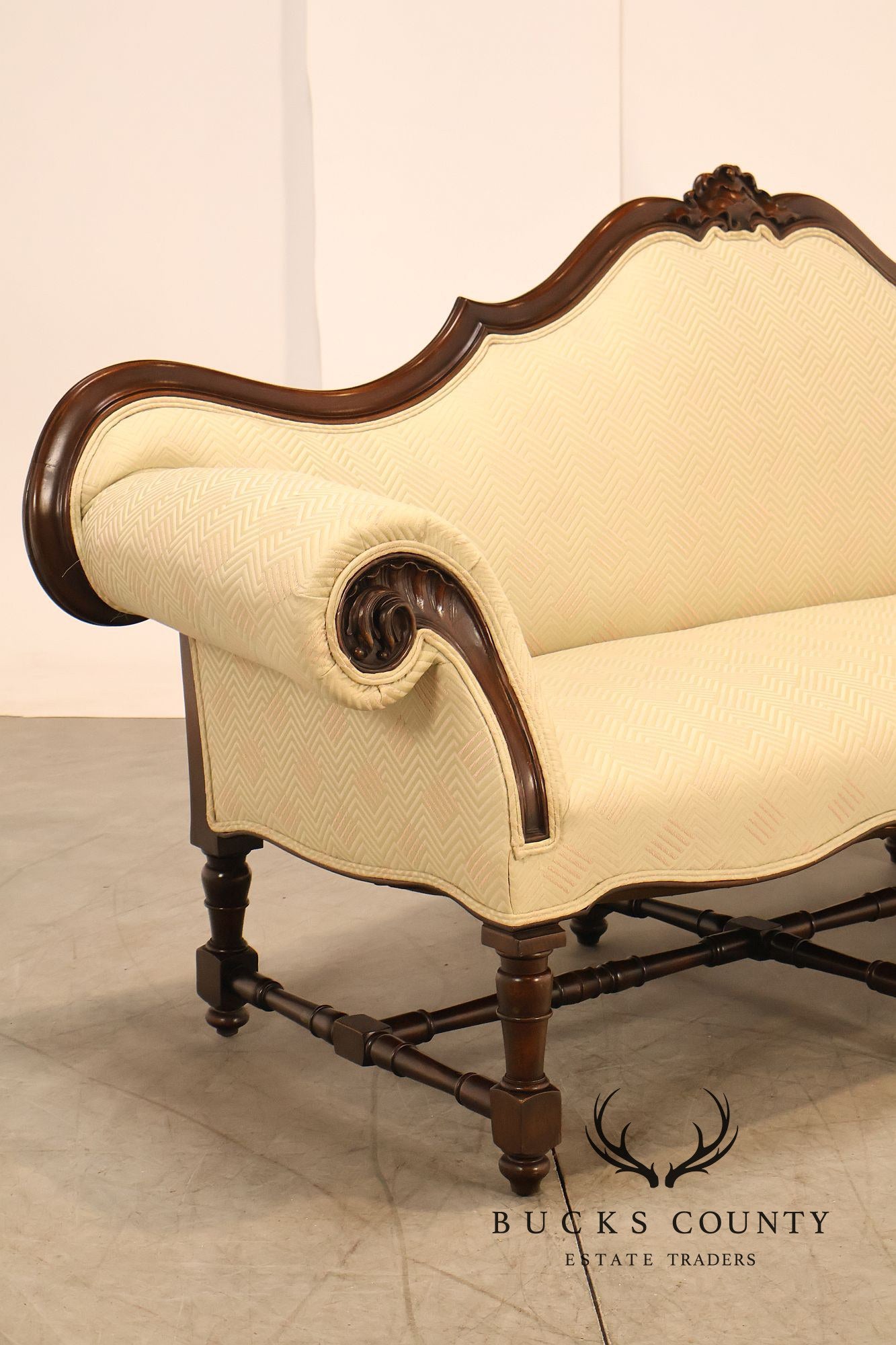 Antique Italian Rococo Carved Walnut Frame Long Sofa
