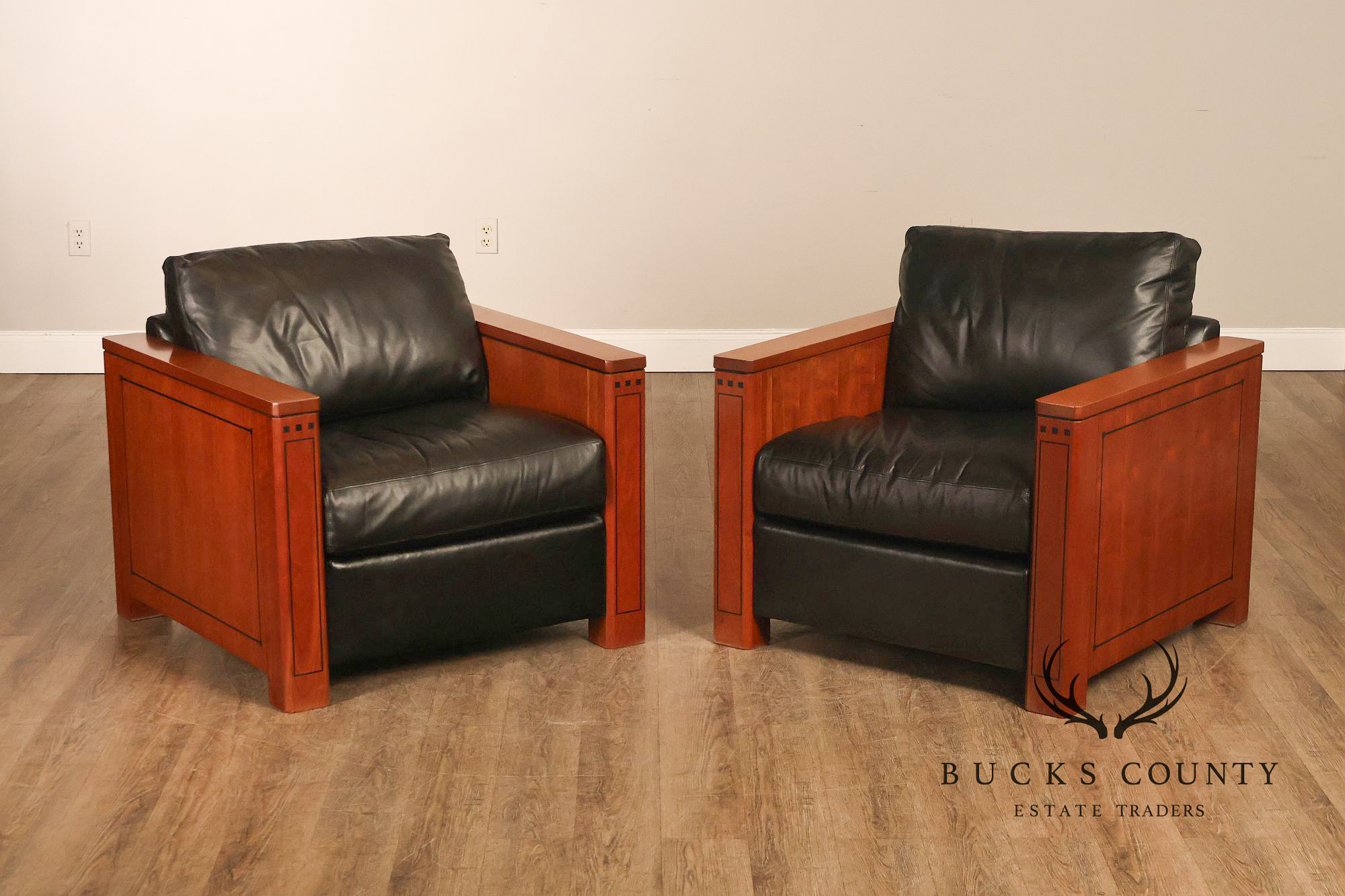 Stickley 21st Century Collection Pair of Black Leather Lounge Chairs