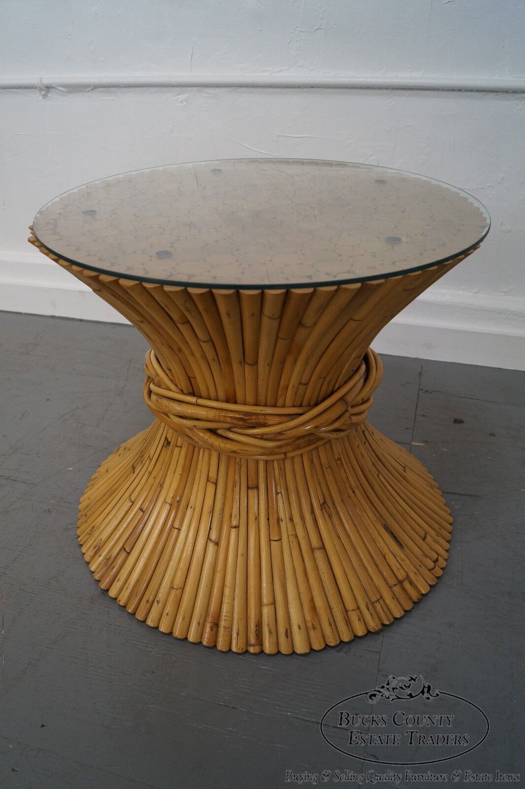 McGuire Sheaf of Wheat Bamboo Rattan Round Glass Top Coffee Table