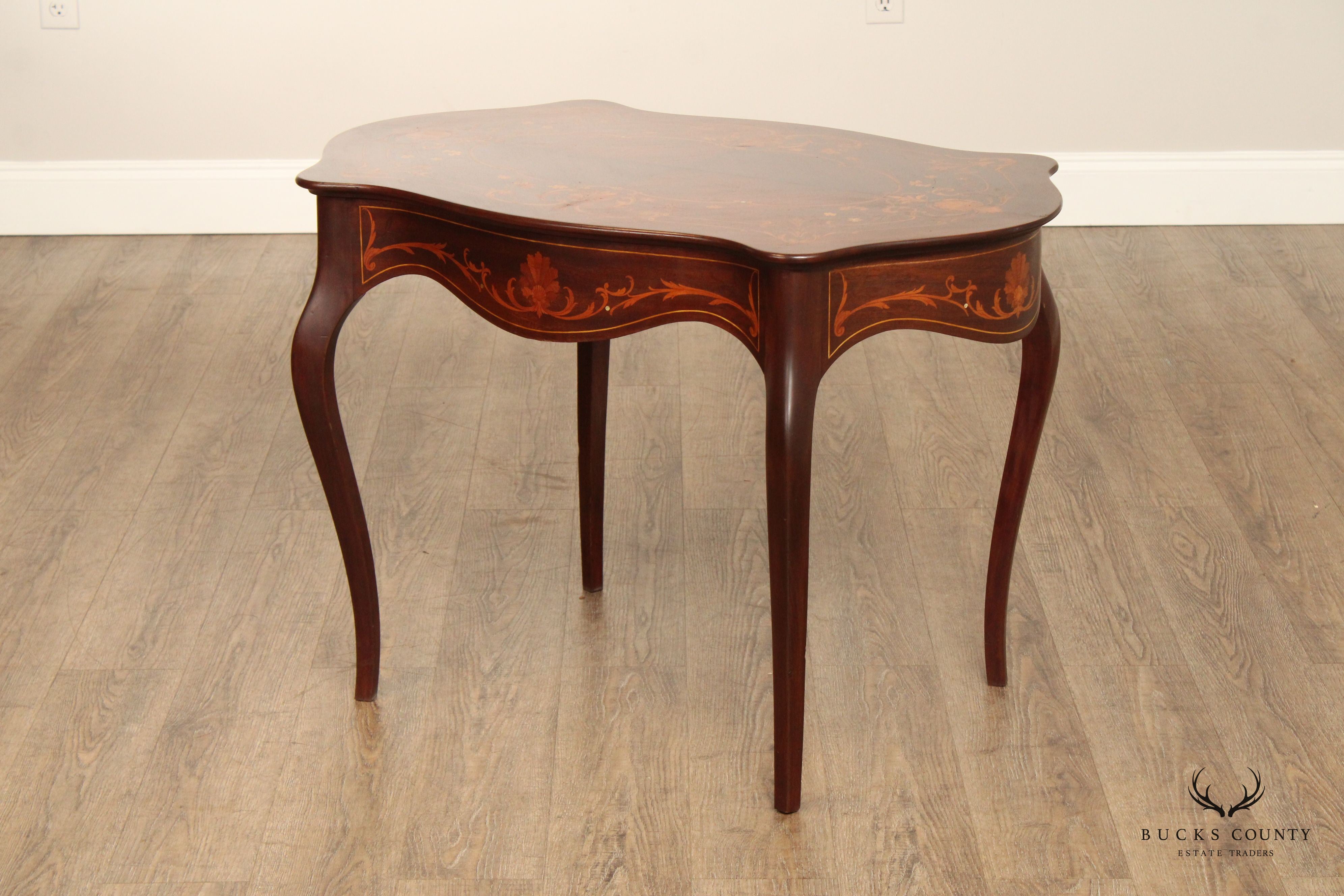 Antique Inlaid Mahogany Center Table With Floral Marquetry And Mother Of Pearl Accents