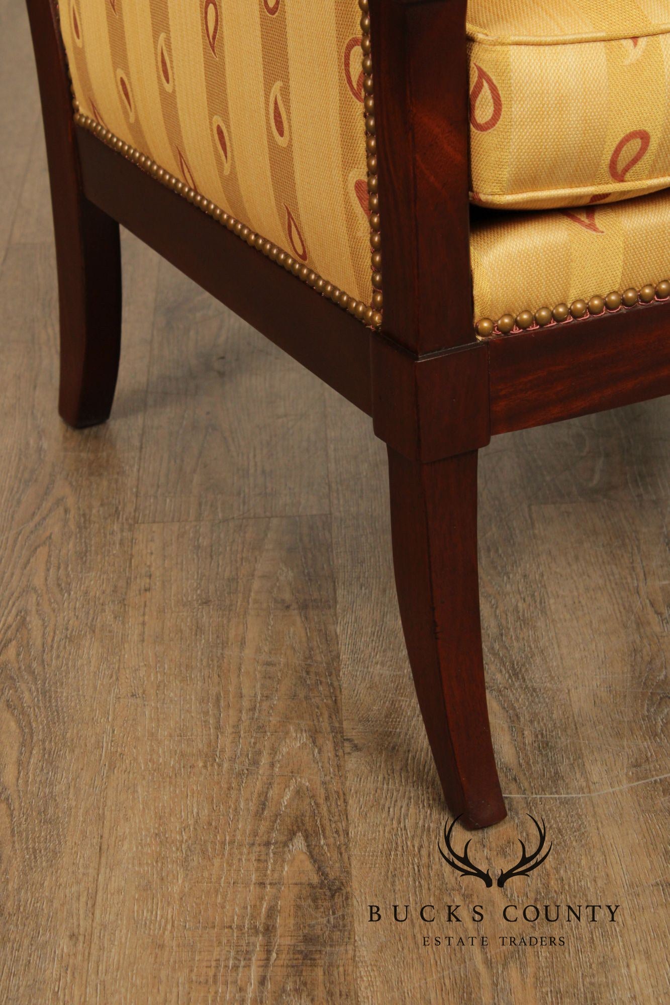 Kravet Furniture French Empire Style Pair of Mahogany Armchairs