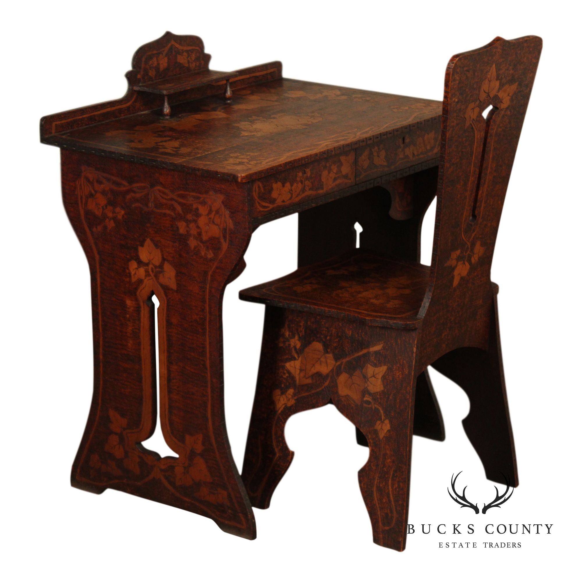 Antique Art Nouveau Style Carved And Pyrography Writing Desk And Chair Set