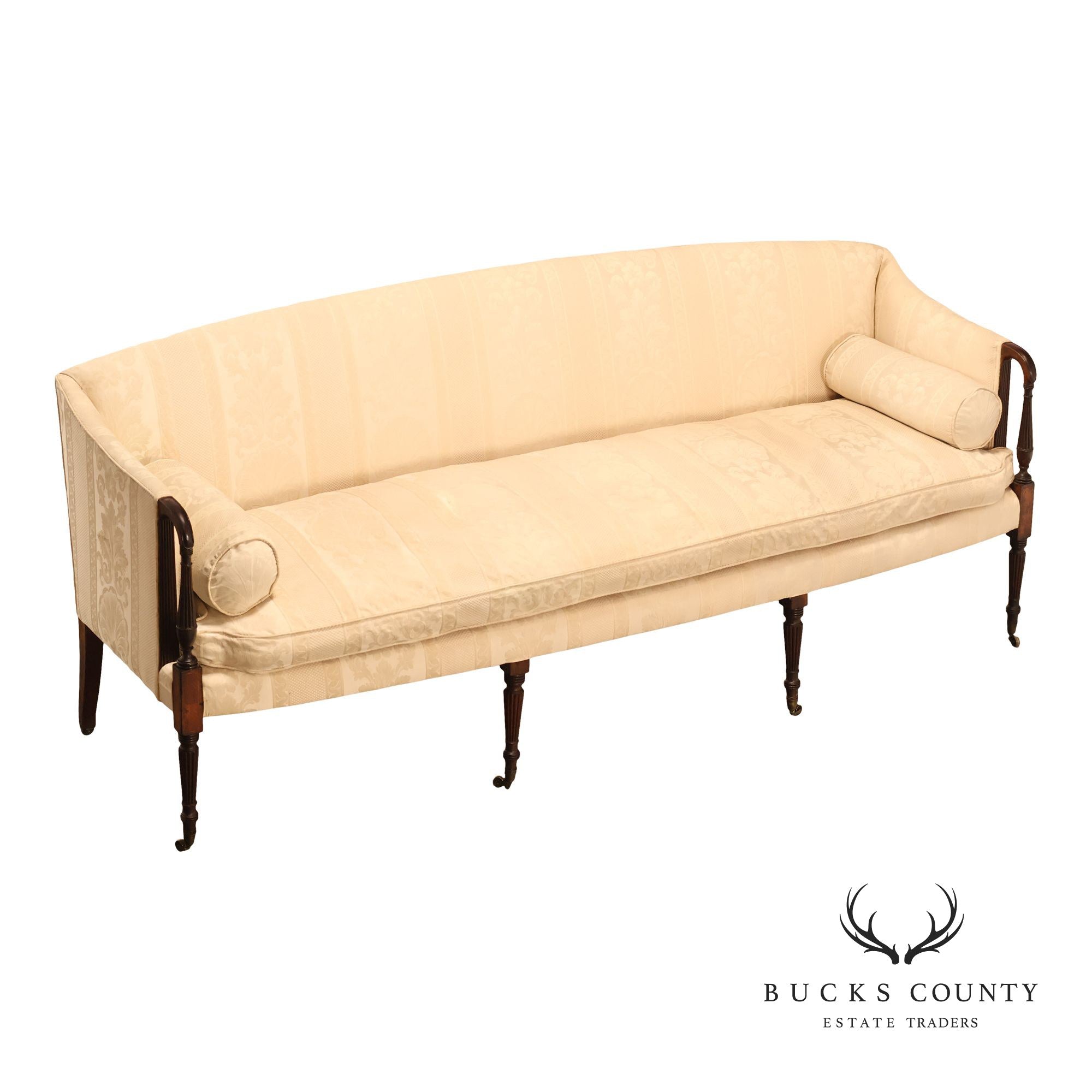 Antique Sheraton Style Mahogany Camelback Upholstered Sofa