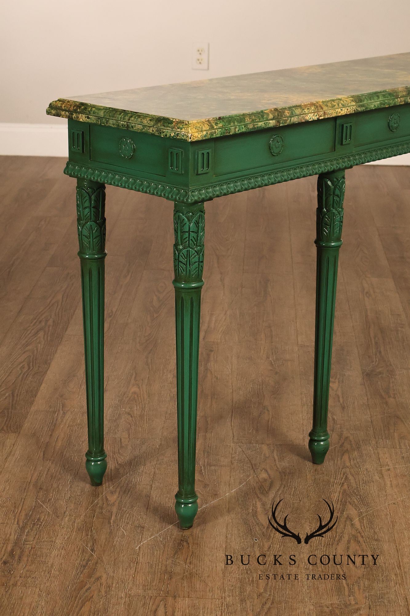 Neoclassical Style Narrow Custom Quality Console Table With Faux Marble Top