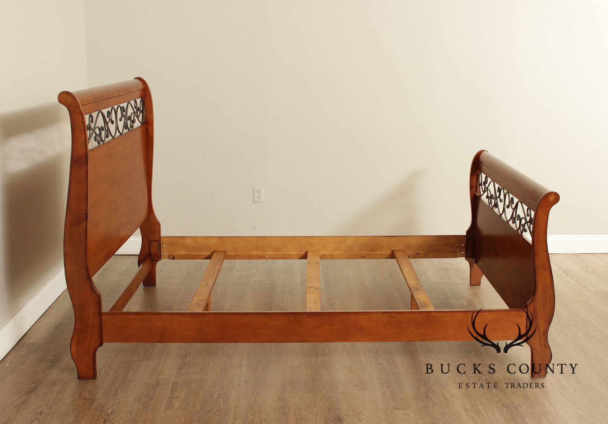 Queen Size Sleigh Bed With Iron Scroll Detail