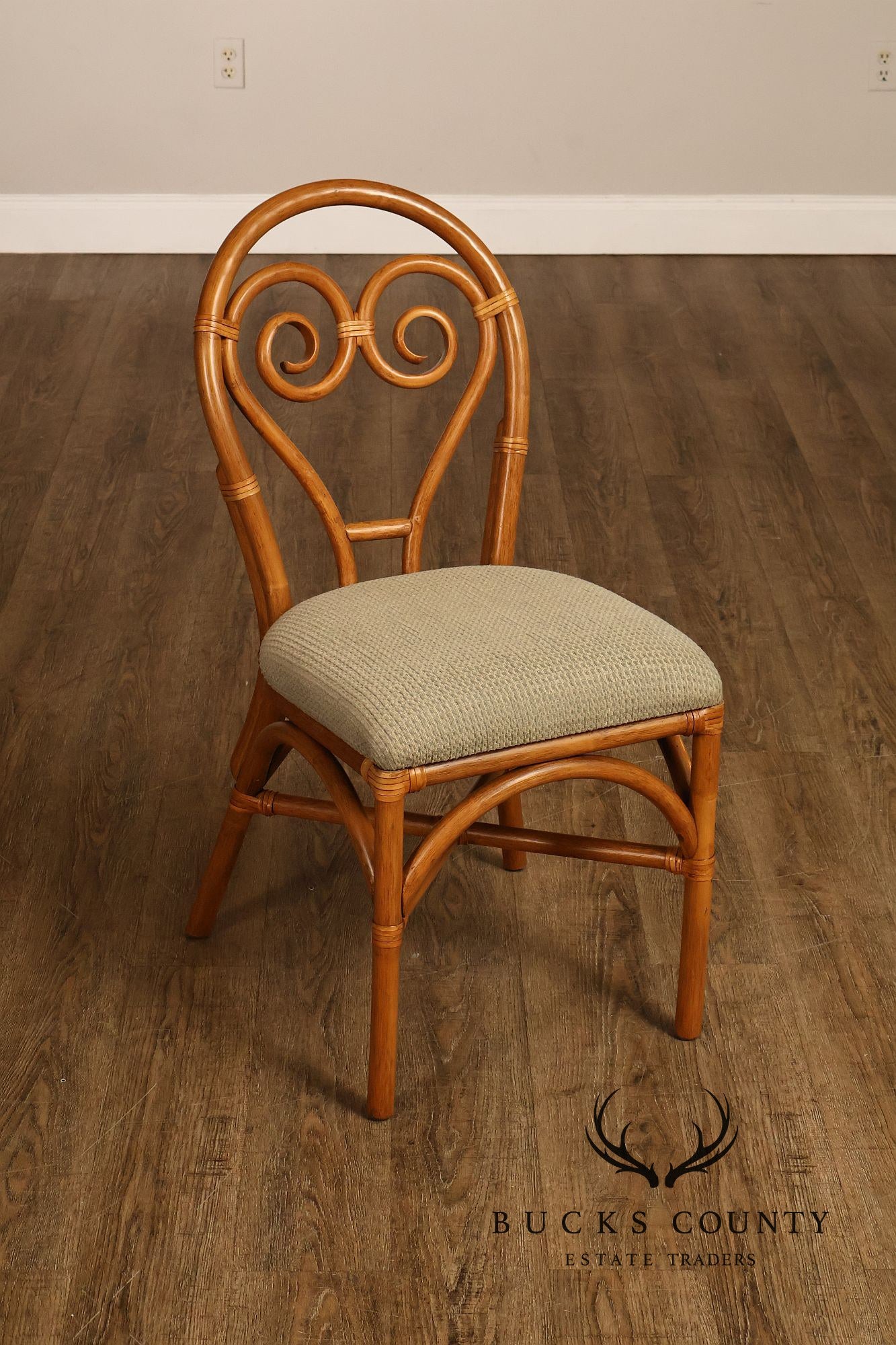 Coastal Style Pair Of Rattan Dining Chairs With Upholstered Seats