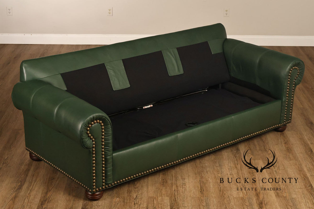 Green Leather Sleeper Sofa with Nailhead Trim