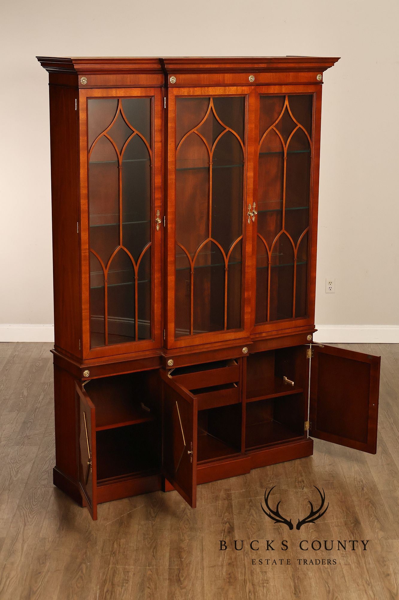 Kindel Neoclassical Style Mahogany Breakfront China Cabinet