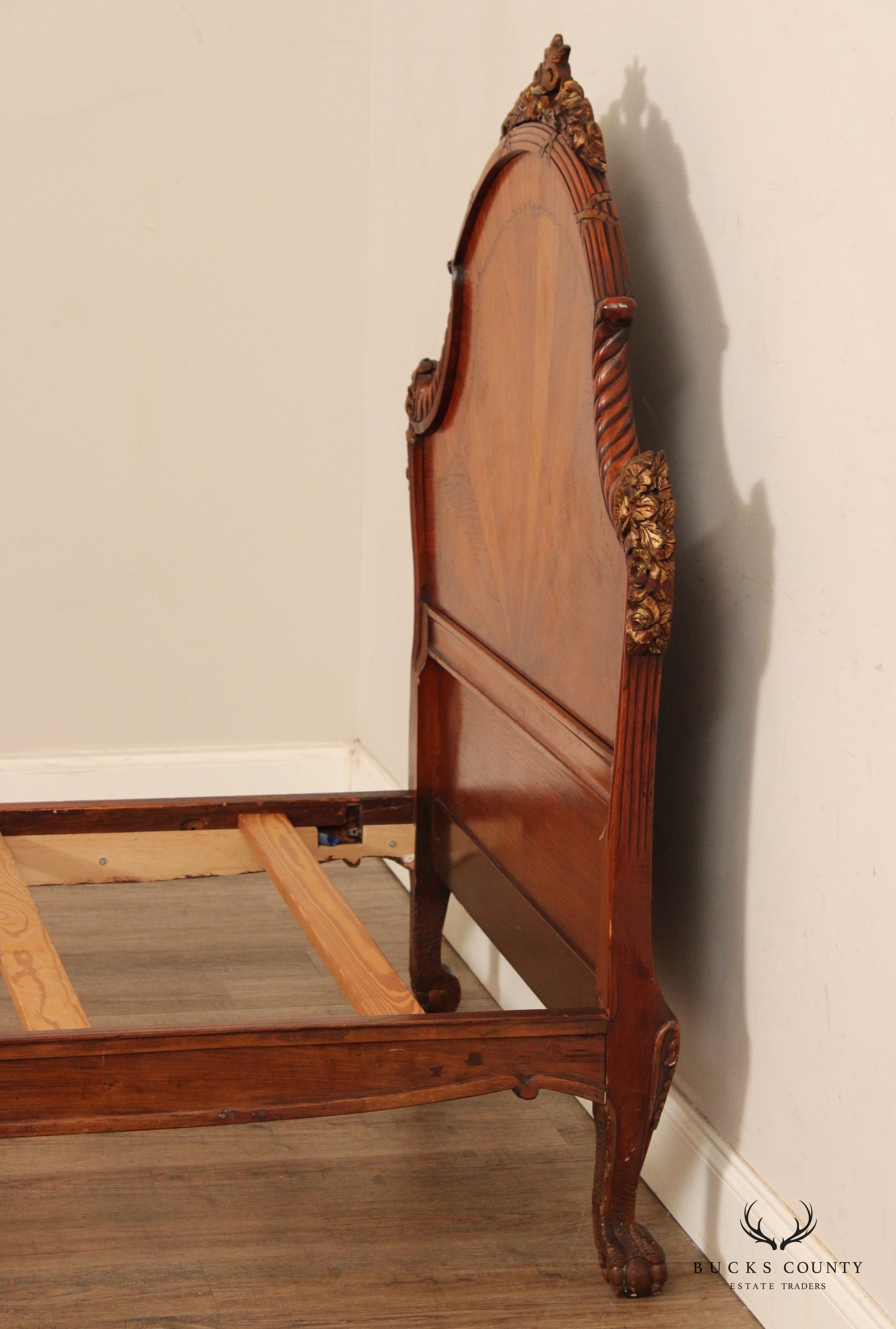 Antique French Rococo Style Peacock Carved Twin Size Bed Frame