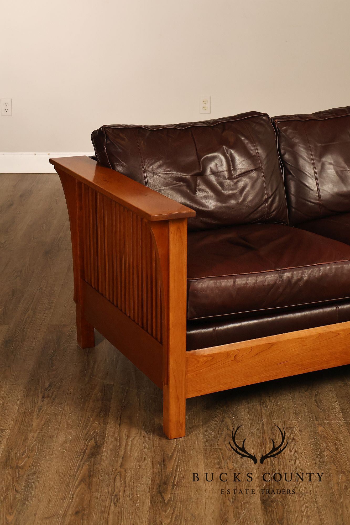 Stickley Mission Collection Cherry Wood Spindle Frame Leather Loveseat