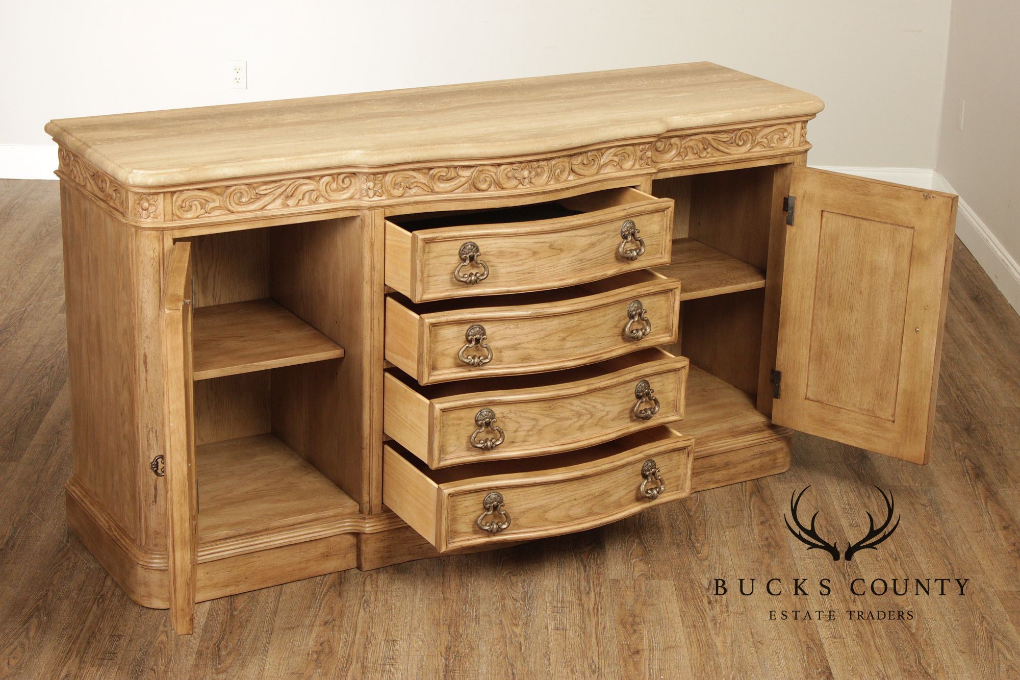 Bernhardt Tuscan Style Carved Cerused Oak Sideboard With Travertine Top