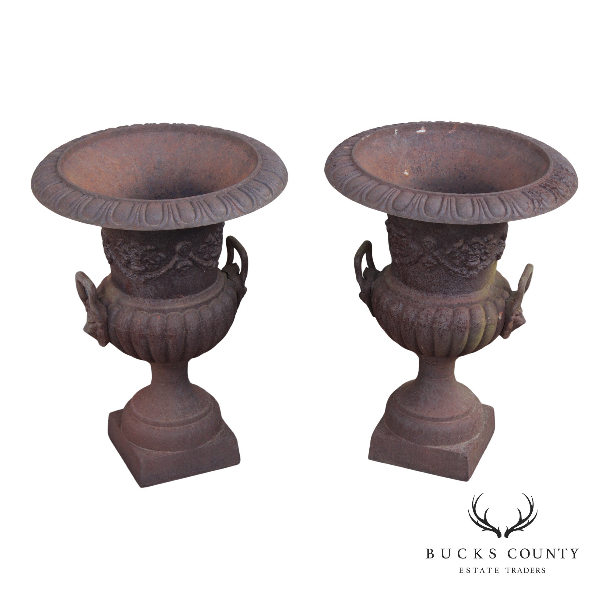 VINTAGE PAIR OF CAST IRON GARDEN URNS