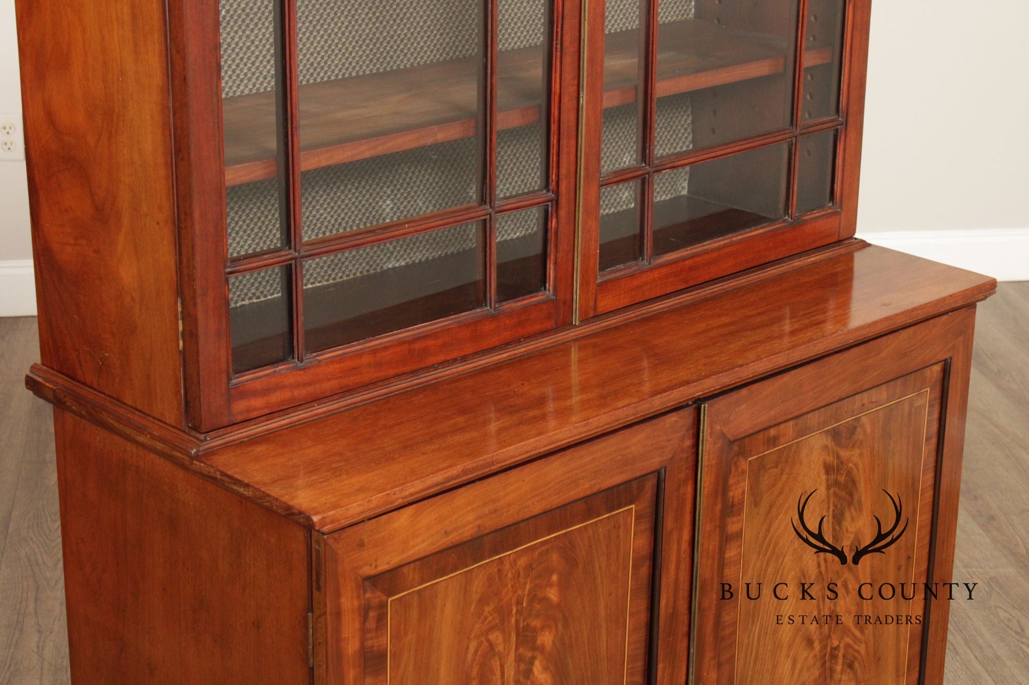 Antique English Mahogany Georgian Style Inlaid Bookcase Cabinet