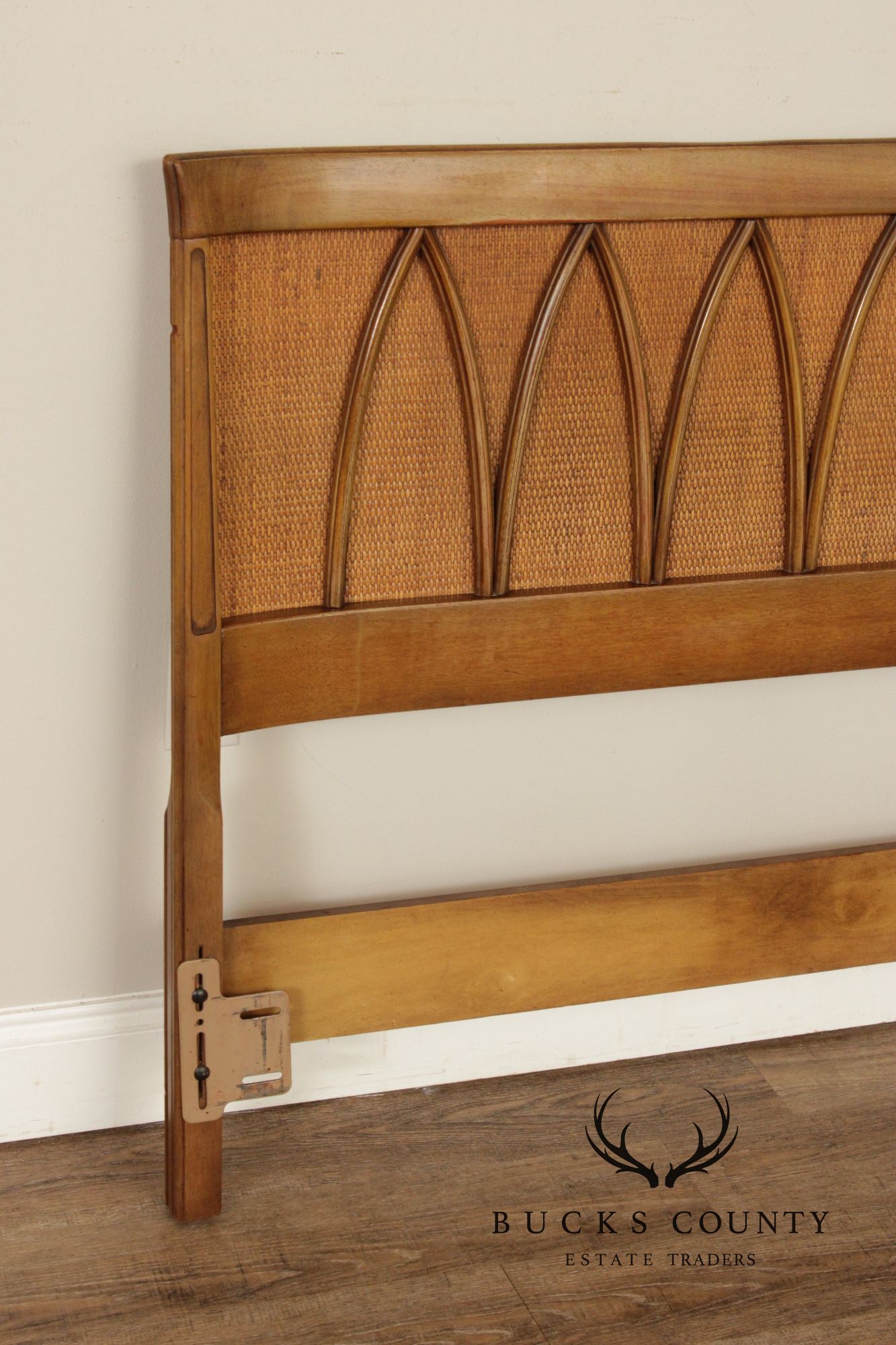 Mid Century Modern Walnut and Rattan Full-Size Headboard