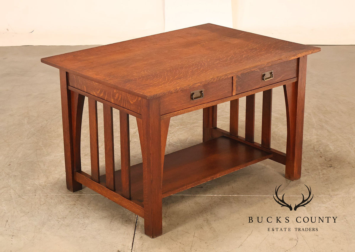 Antique Limbert Arts And Crafts Mission Oak Two-Drawer Library Table