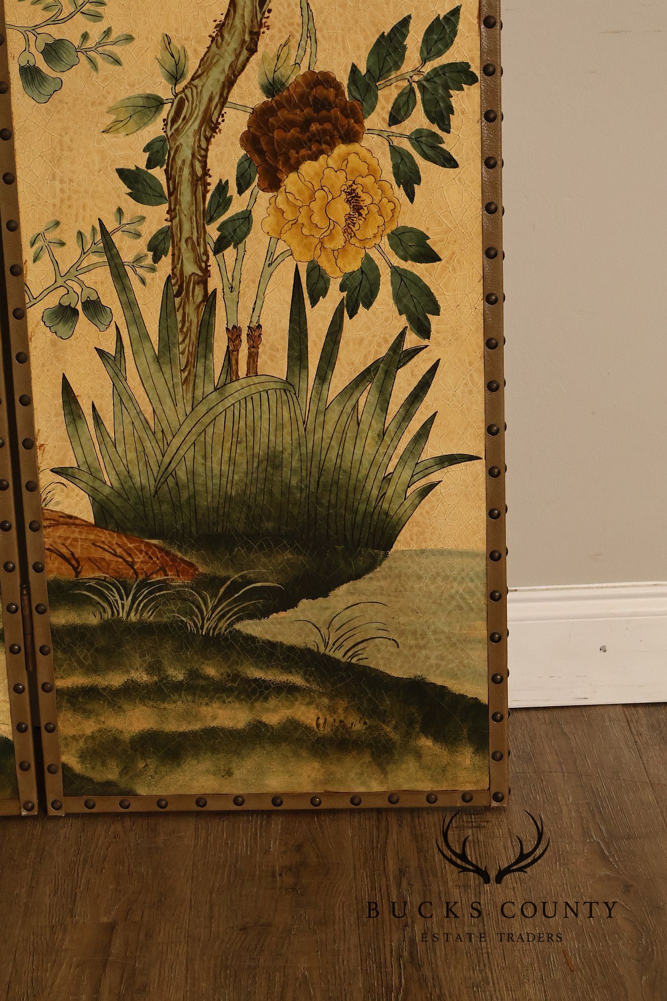 Decorative Crafts Chinoiserie Style Four Panel Hand-Painted Folding Screen