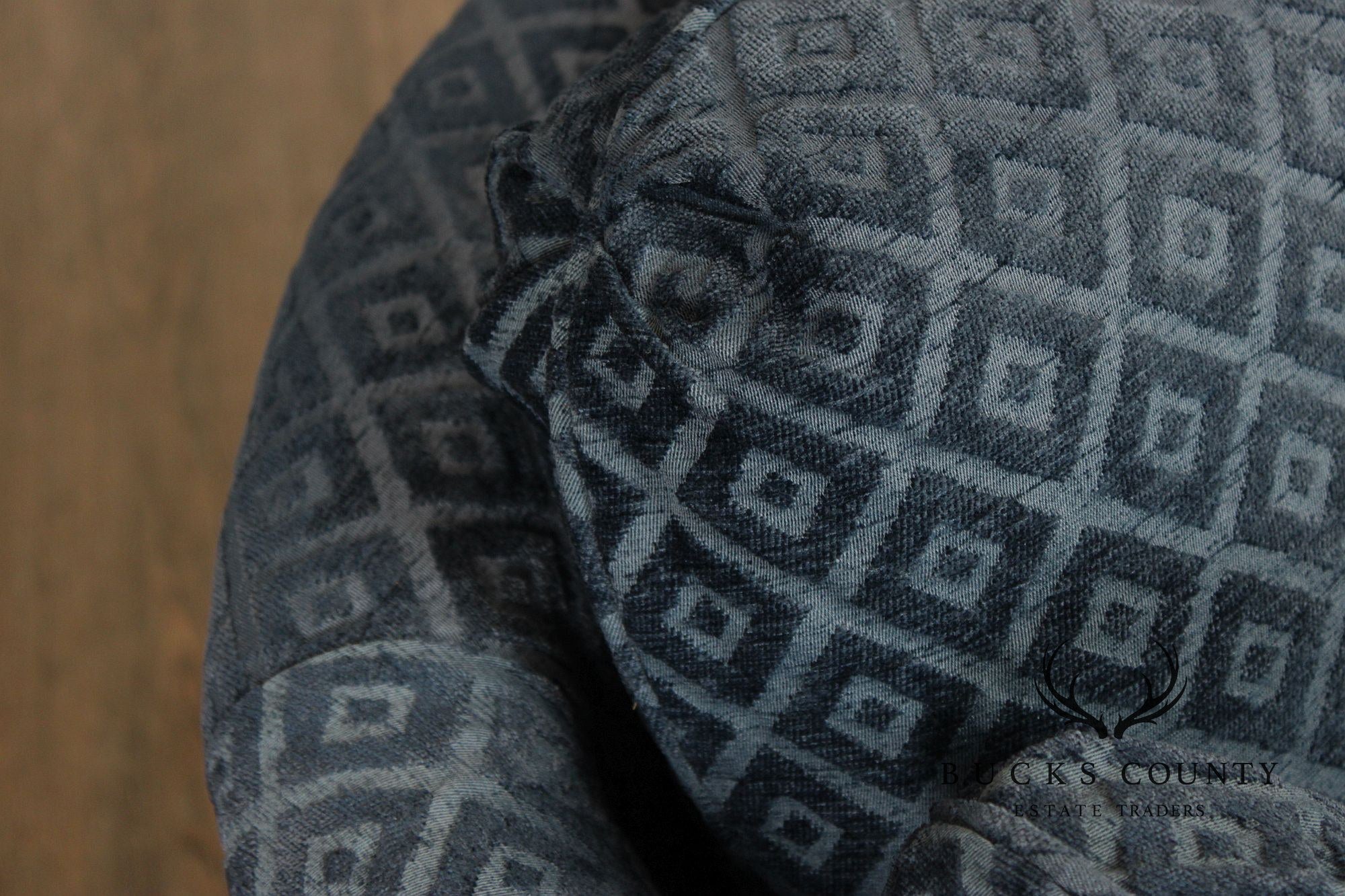 Custom Upholstered Blue Diamond Pattern Curved Loveseat