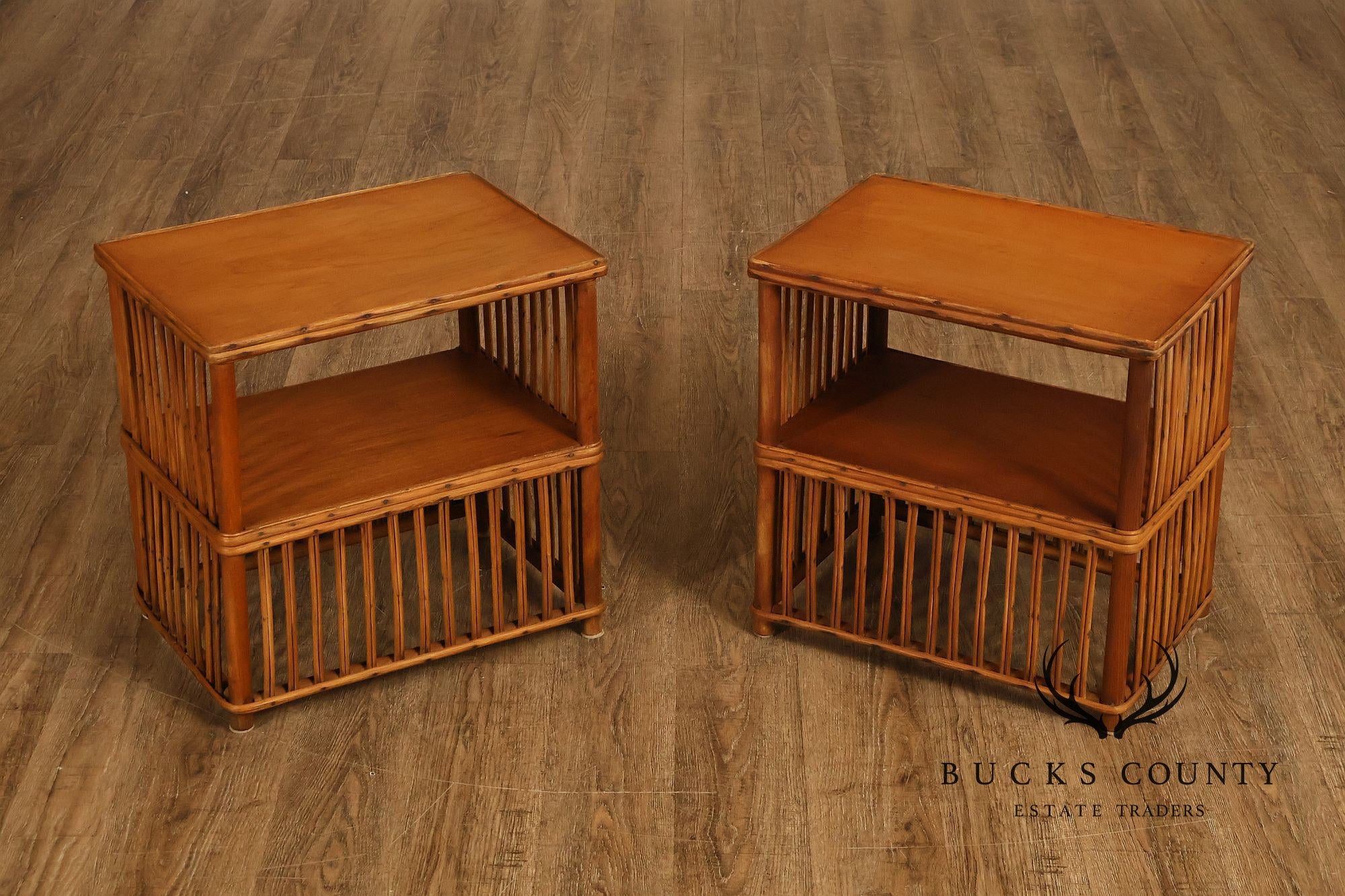 Antique Split Reed Rattan Pair of Side Tables