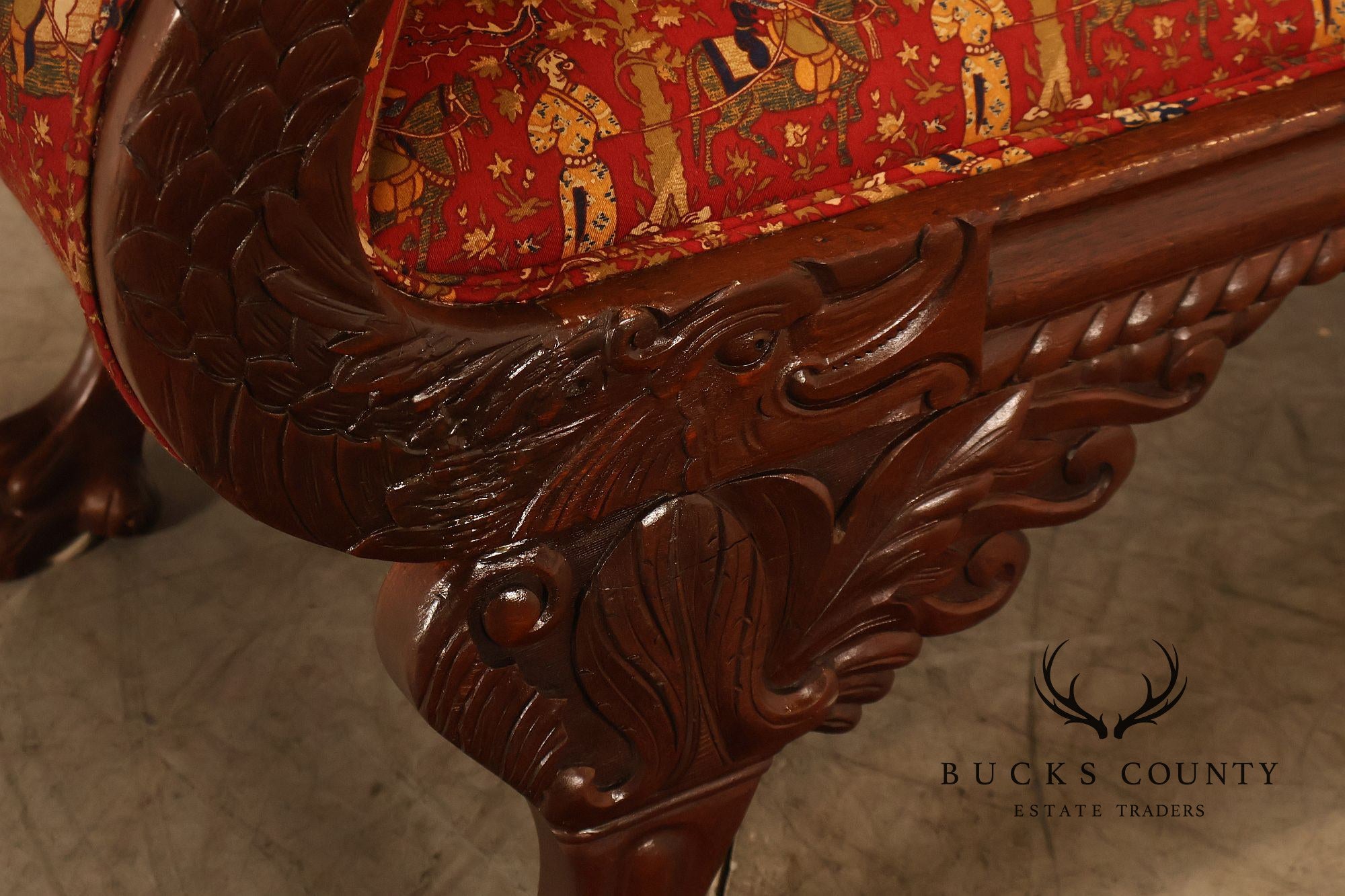 Antique American Empire Carved Mahogany Sofa With Scrolled Arms And Lion Paw Feet