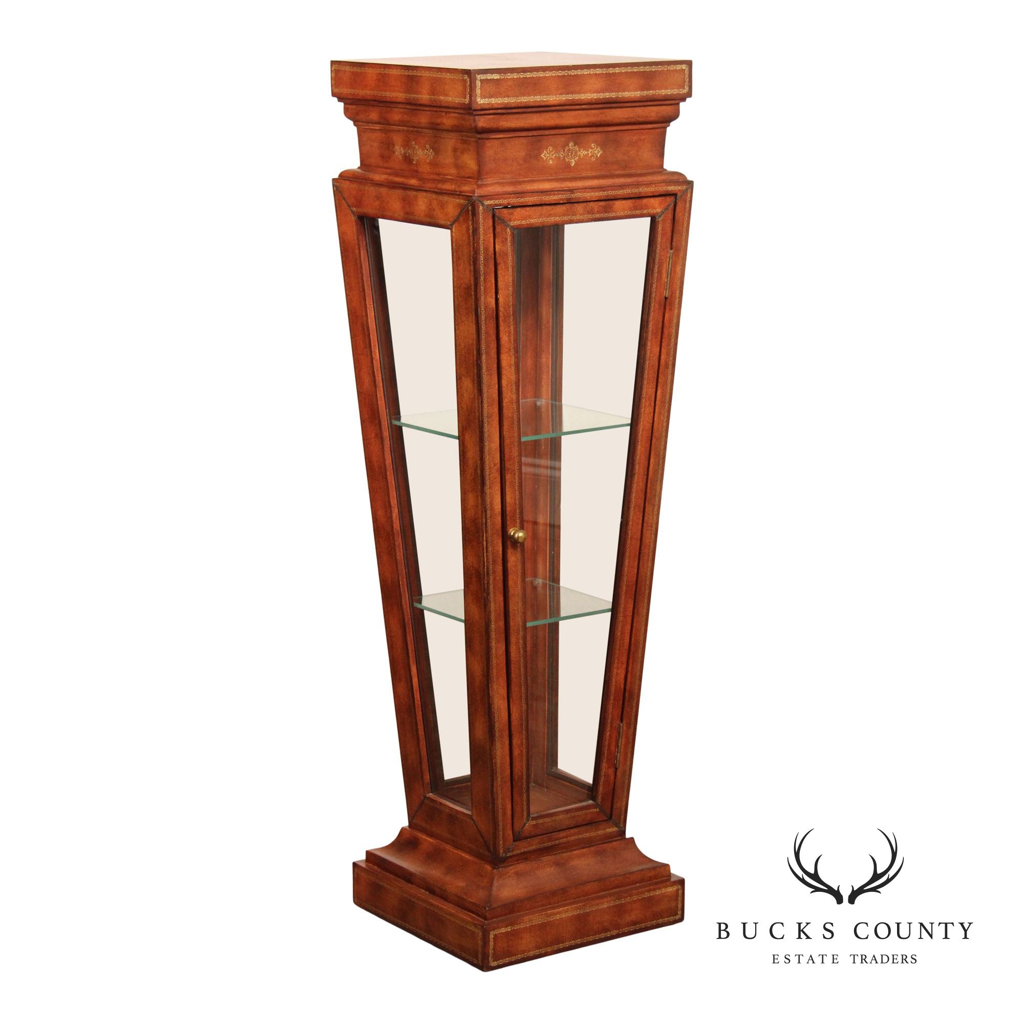 Maitland Smith Leather Wrapped Pedestal Display Cabinet