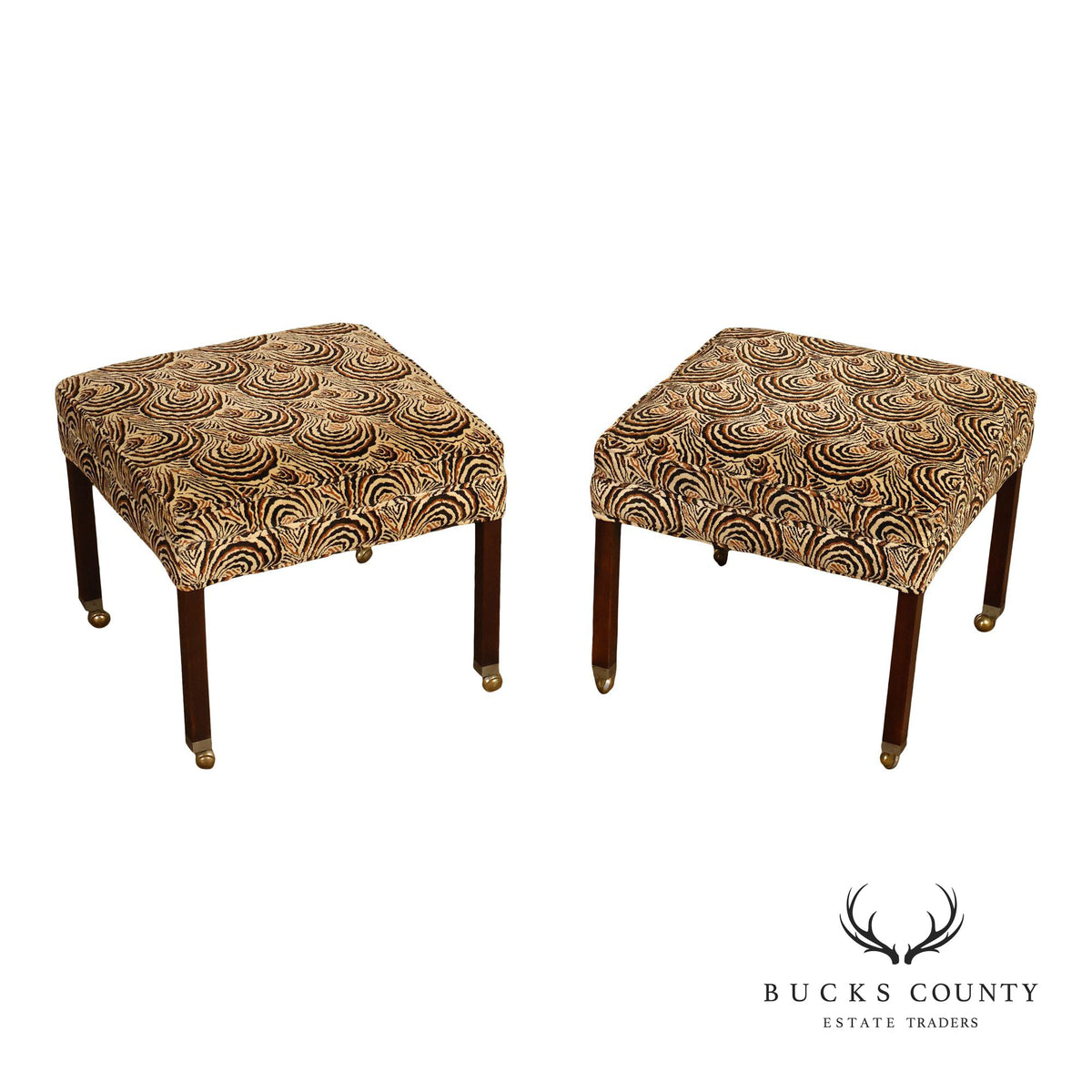 Postmodern Style Pair Of Square Upholstered Stools With Brass Casters
