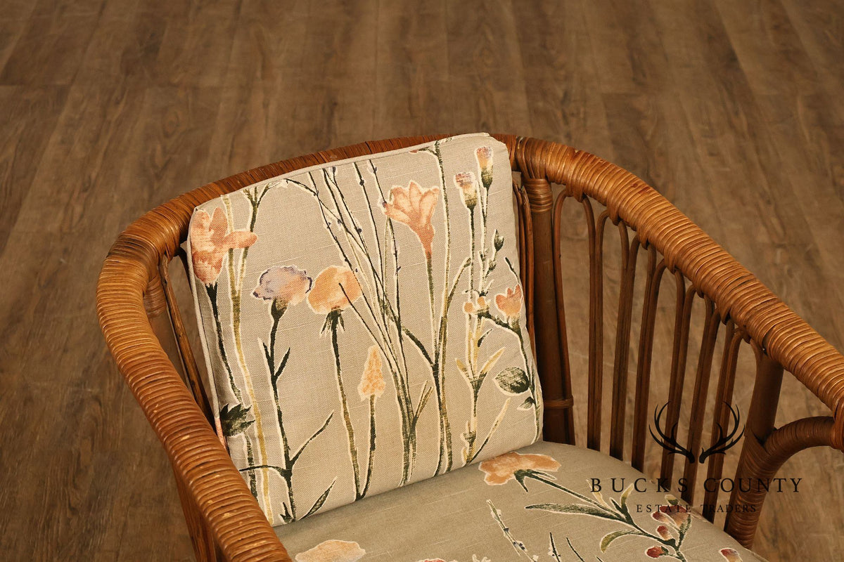 Antique Set Of Four Split Reed Rattan Armchairs With Floral Cushions