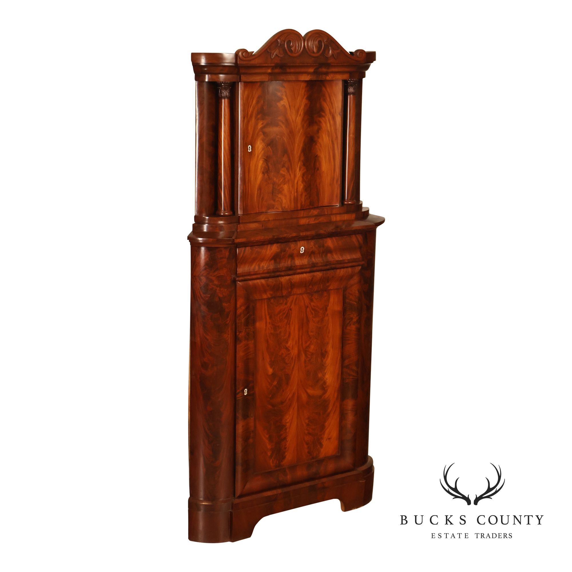 Antique Mahogany Biedermeier Two Piece Corner Cabinet