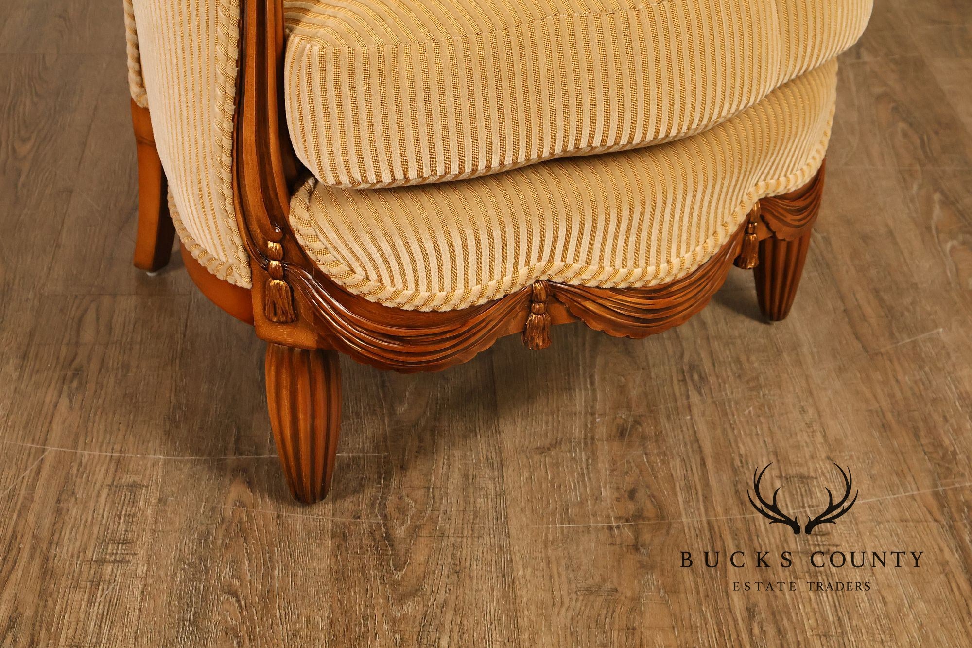 Medea Furniture Pair of Louis XVI Style Carved Bergere Armchairs With Gold Striped Velvet Upholstery