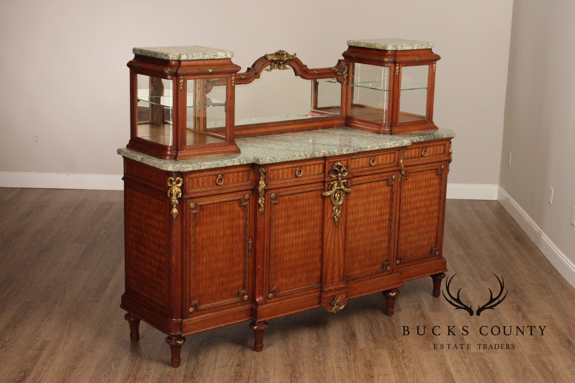 Antique French Louis XVI Style Inlaid Marble Top Sideboard