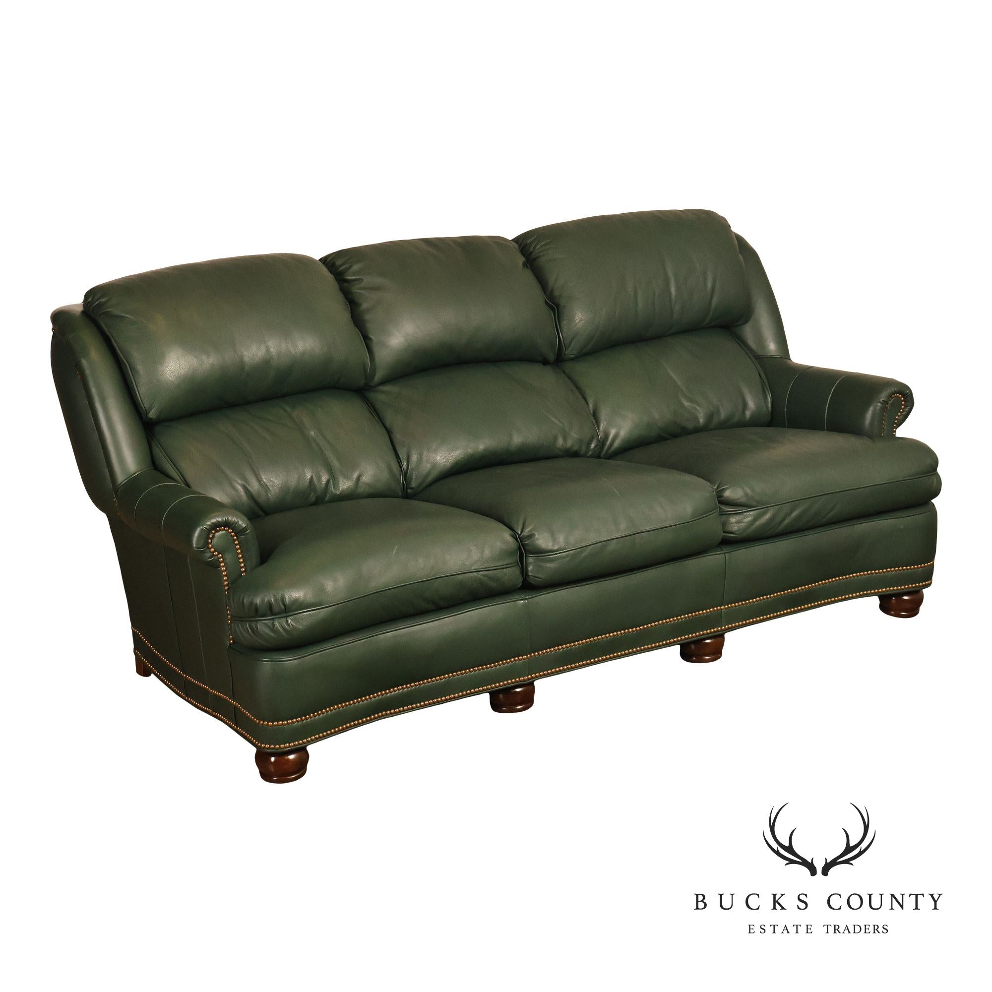 Hancock & Moore Green Leather Nailhead Trim Sofa