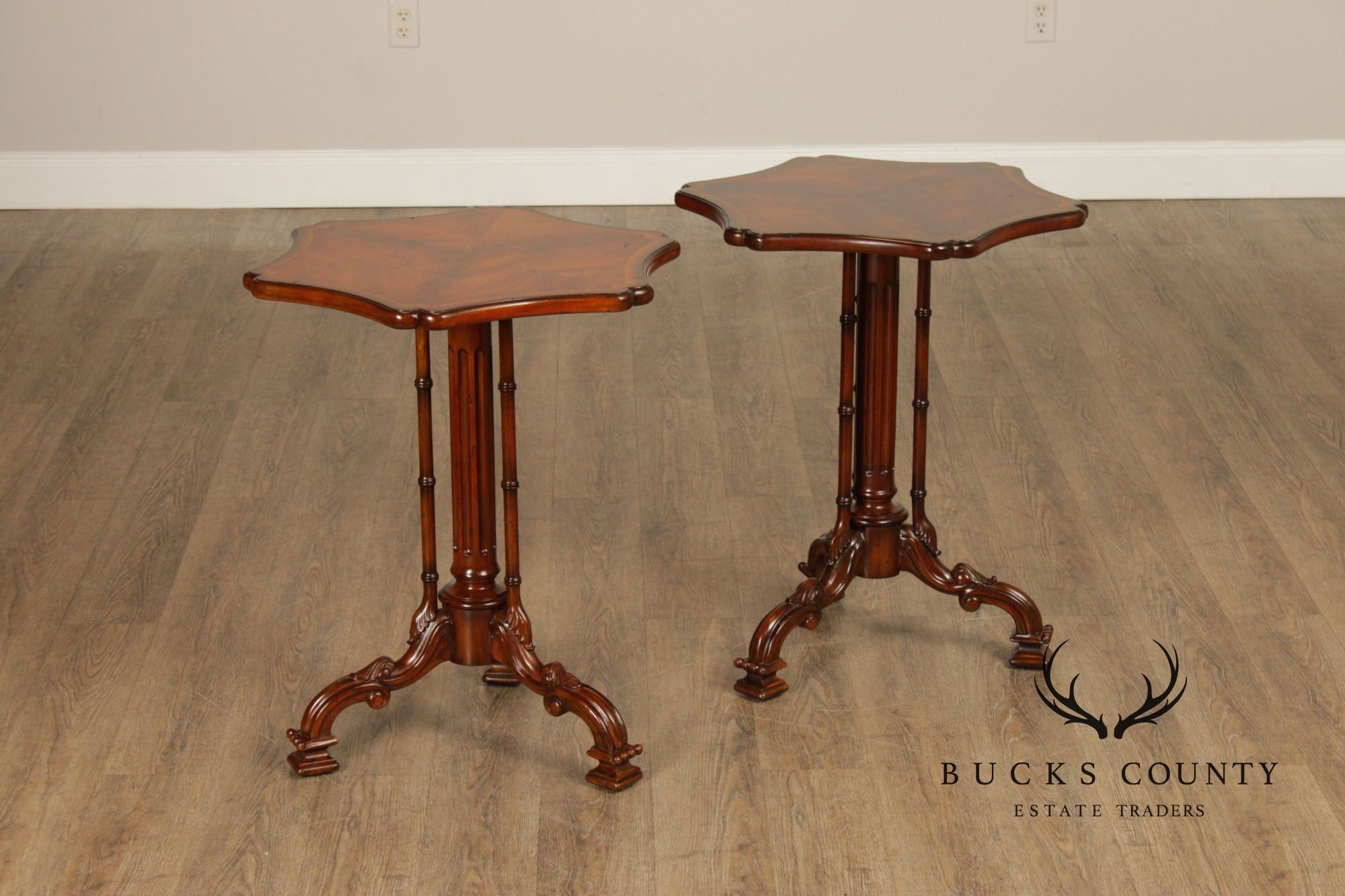 Maitland Smith Pair of Flame Mahogany Pedestal Side Tables