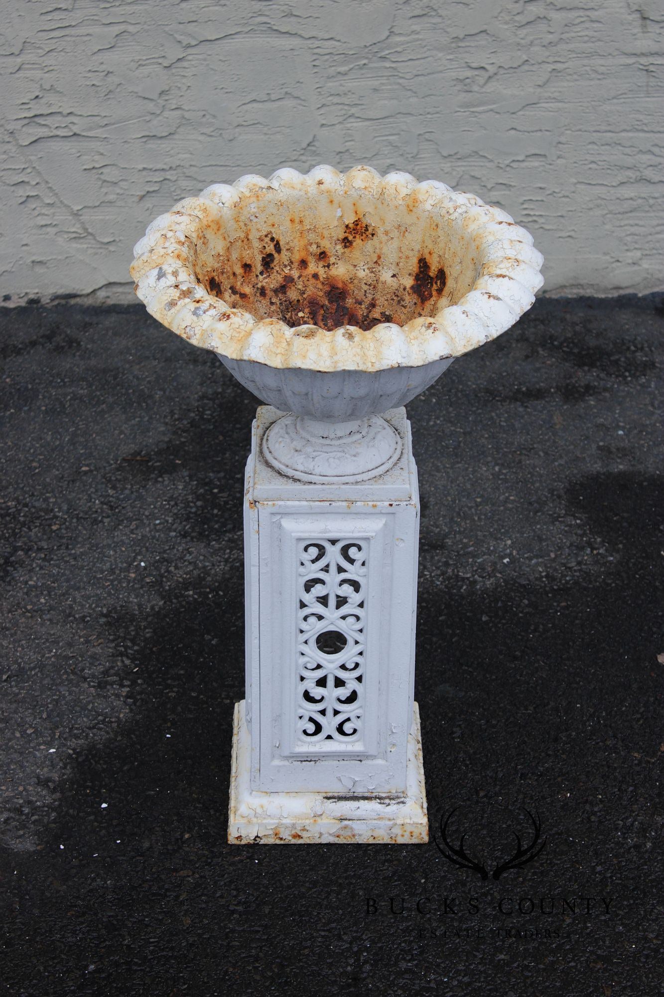 Vintage Pair of Painted Cast Iron Garden Urns on Stands