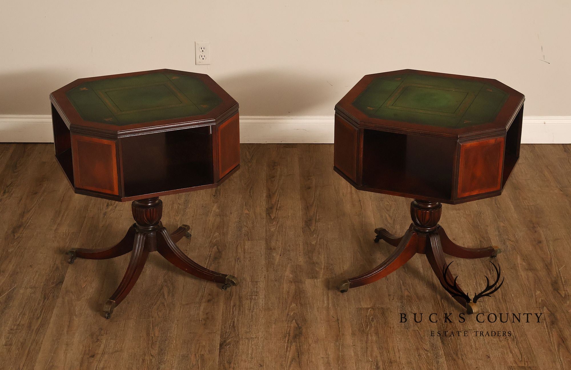 1940's Vintage Pair of Regency Style Mahogany Green Leather Top Pedestal Side Tables