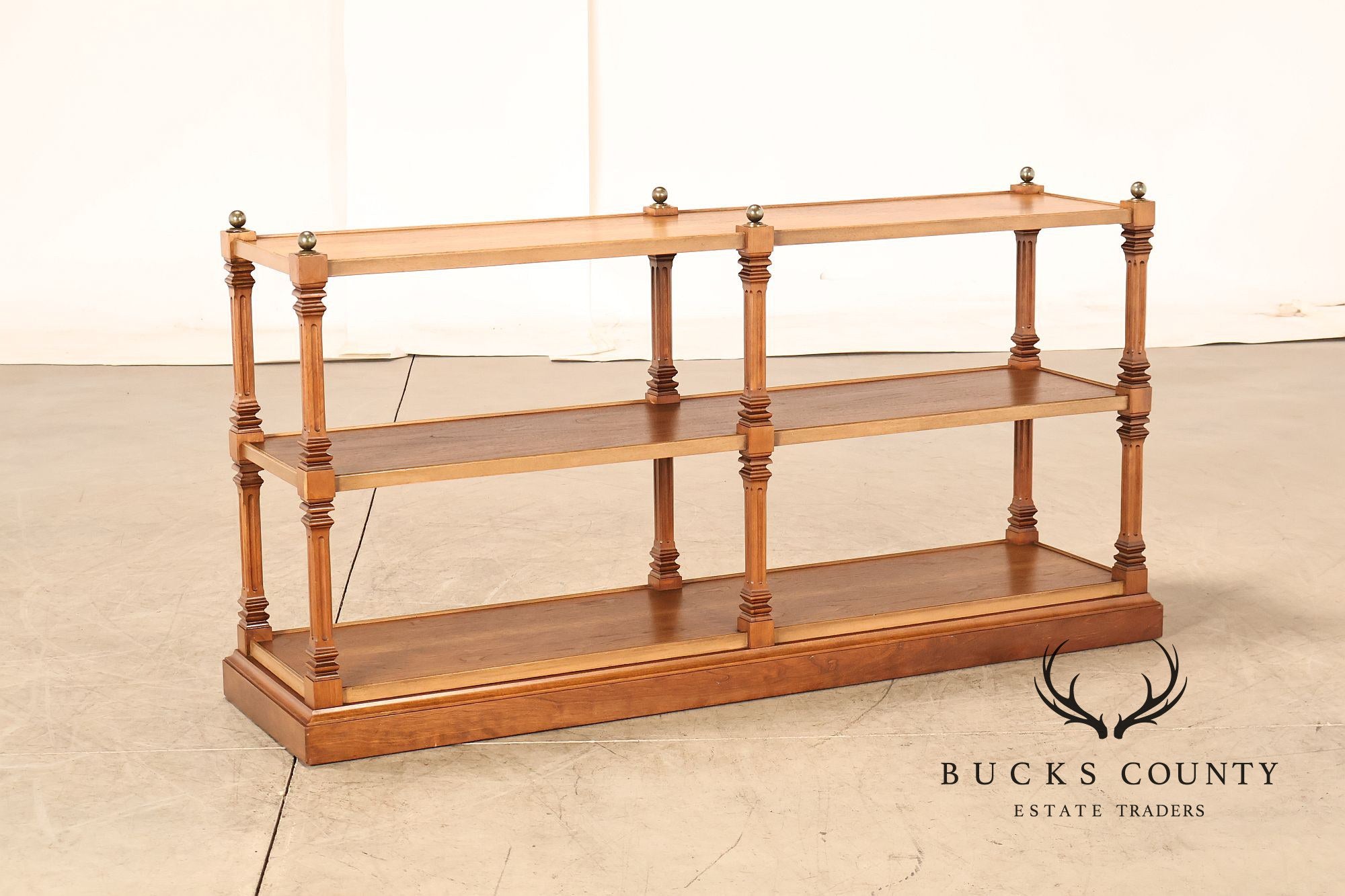 Brandt Furniture Regency Style Walnut Three-Tier Open Etagere Bookcase With Brass Ball Finials