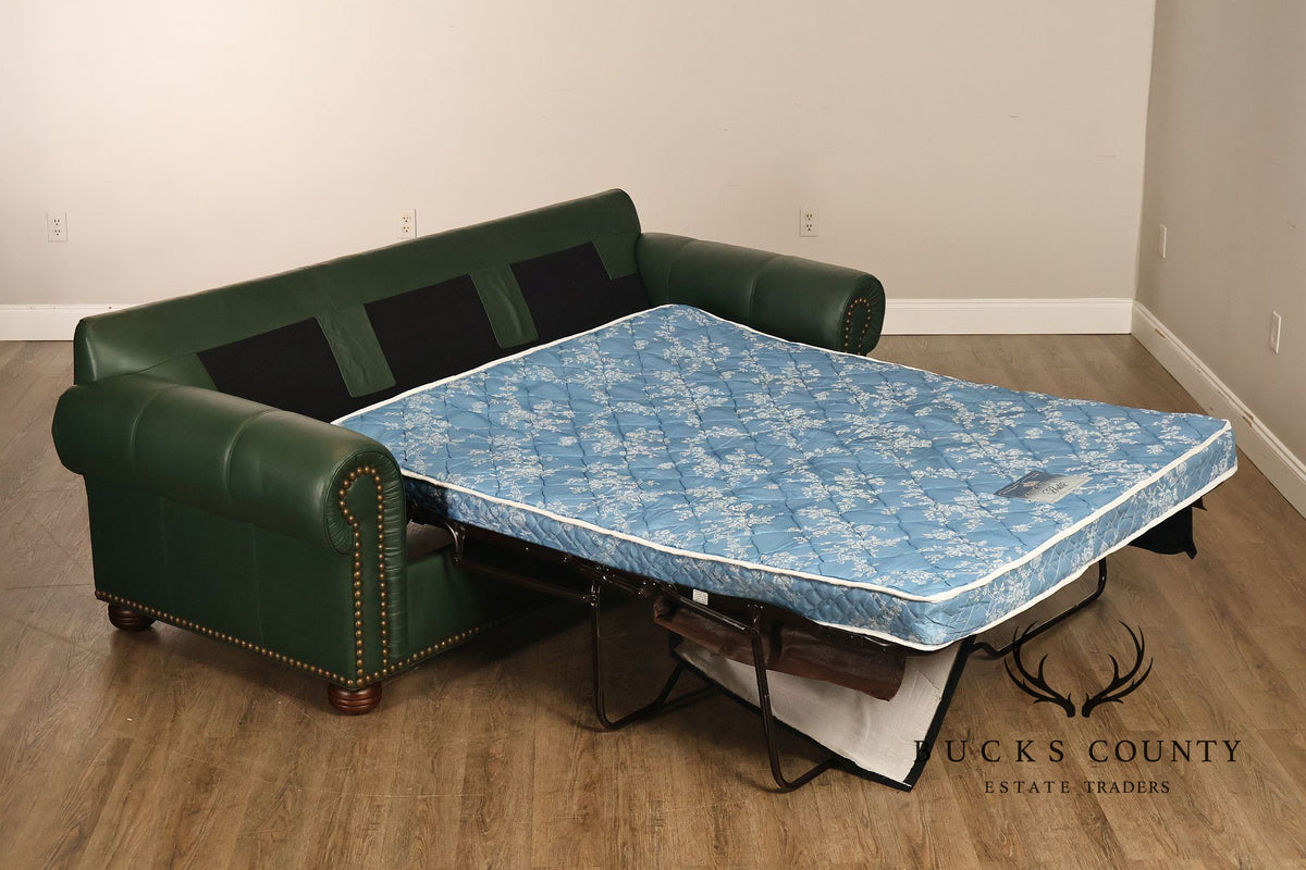 Green Leather Sleeper Sofa with Nailhead Trim