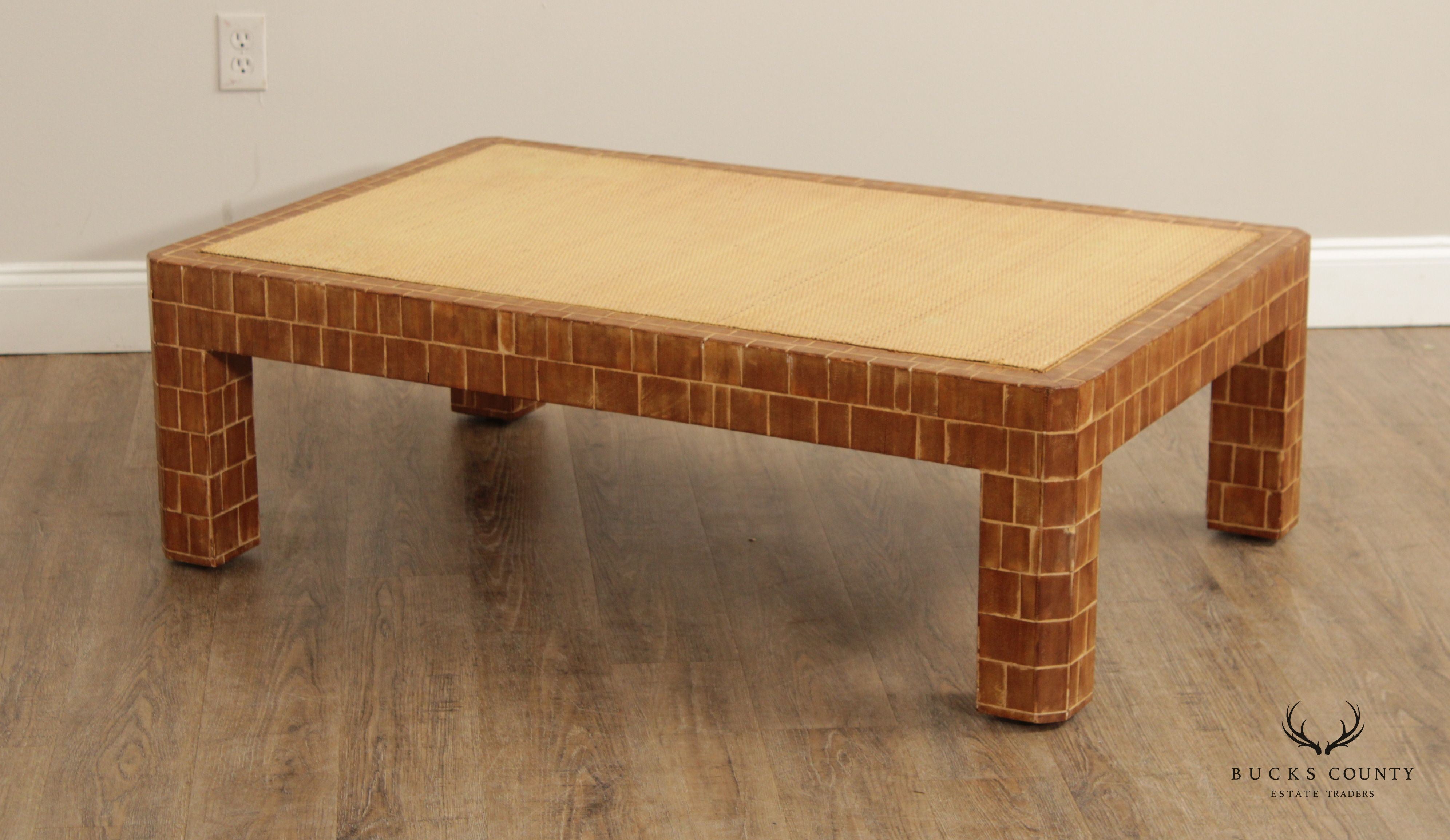 Mid Century Modern Wooden Block Carved Tile Parsons Coffee Table with Wicker Top