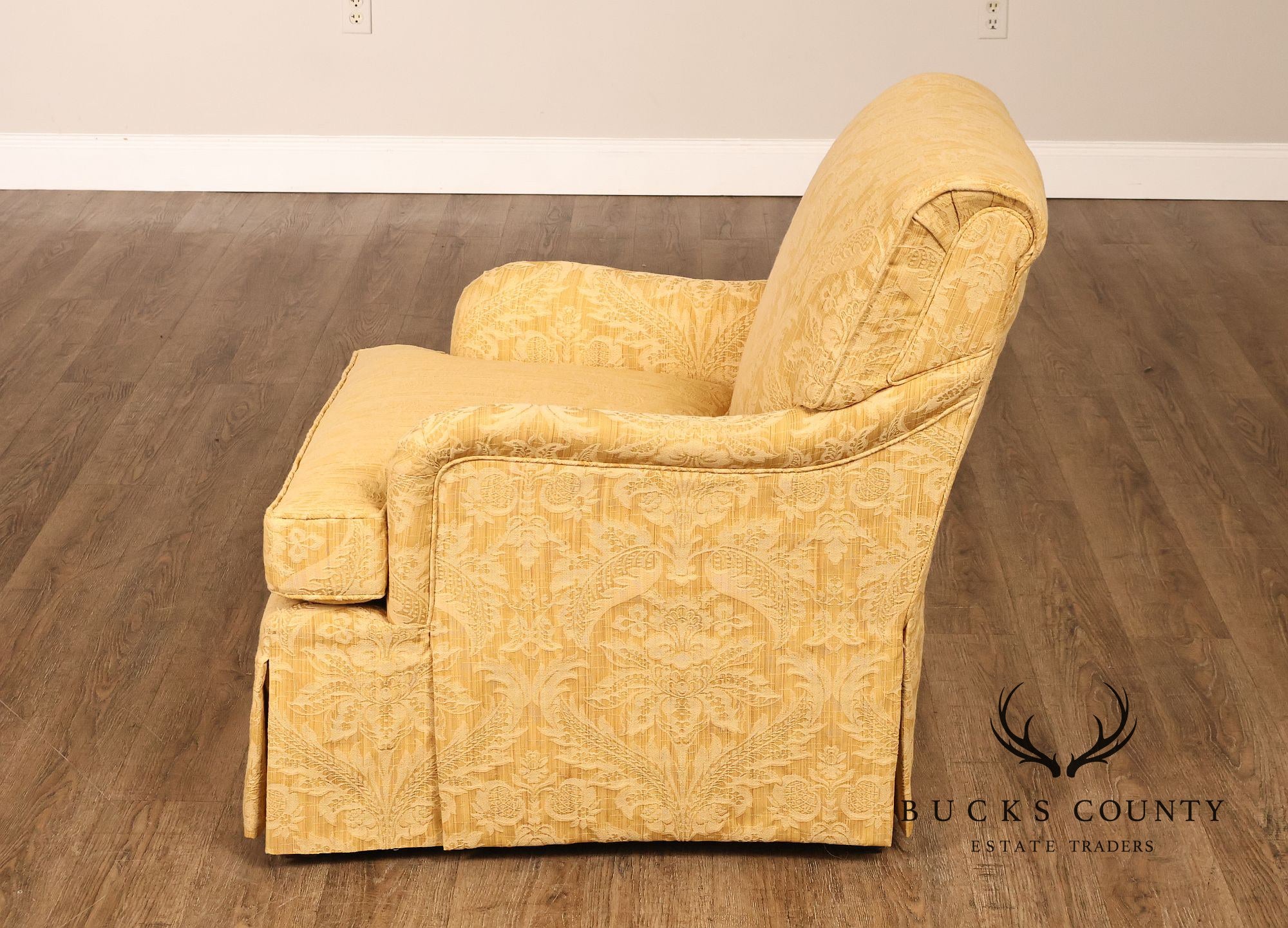 Custom Pair Of Skirted Damask Upholstered Lounge Chairs